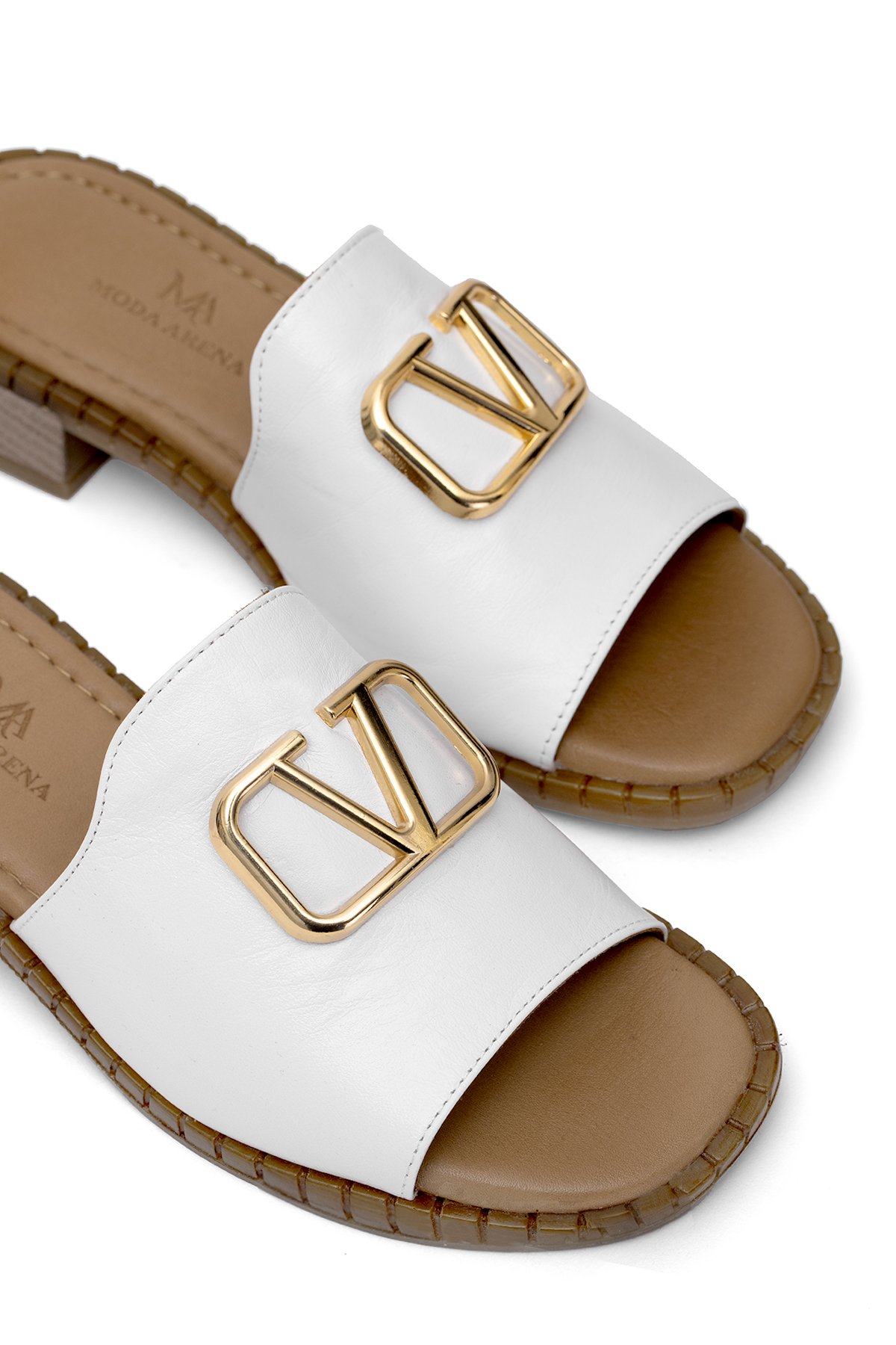 Elit Kira Kadın Hakiki Deri Düz Terlik Beyaz