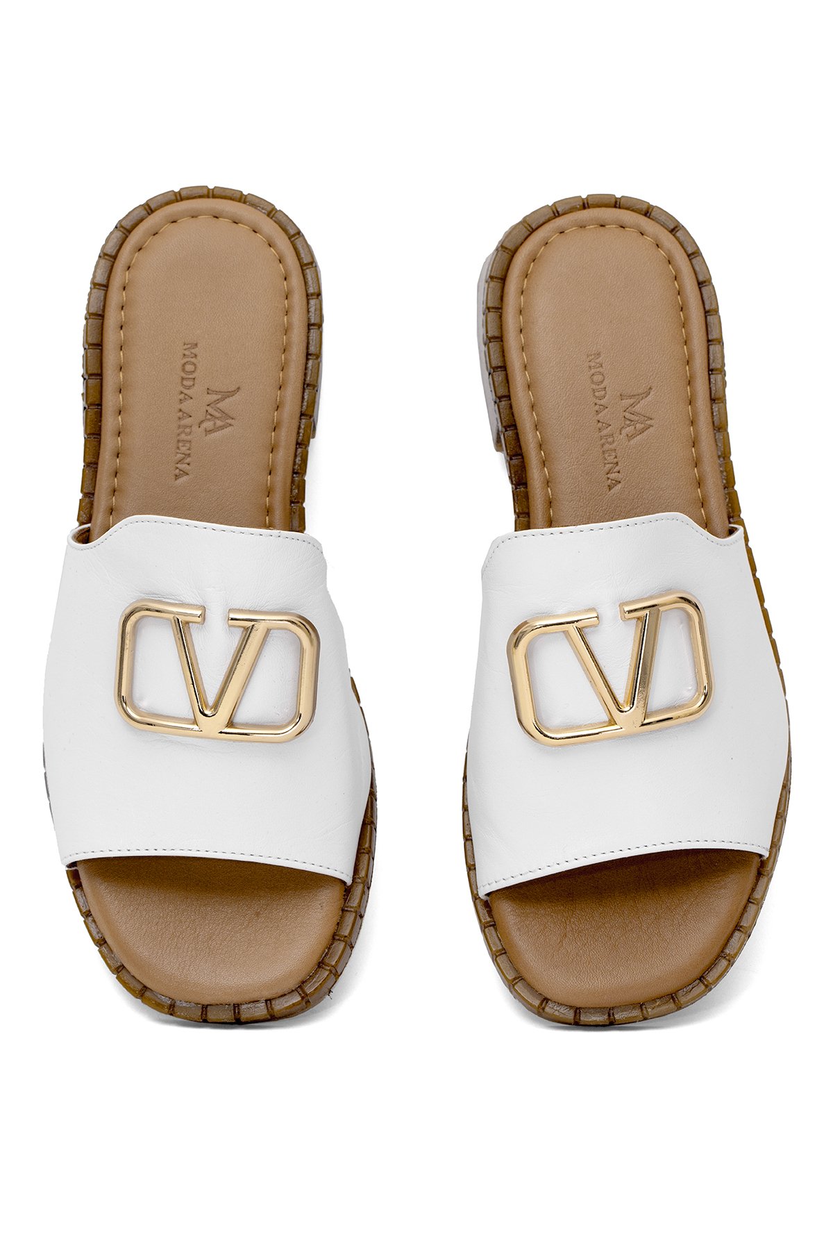 Elit Kira Kadın Hakiki Deri Düz Terlik Beyaz