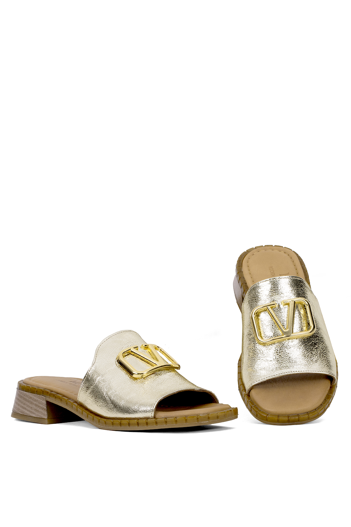 Elit Kira Kadın Hakiki Deri Düz Terlik Altın