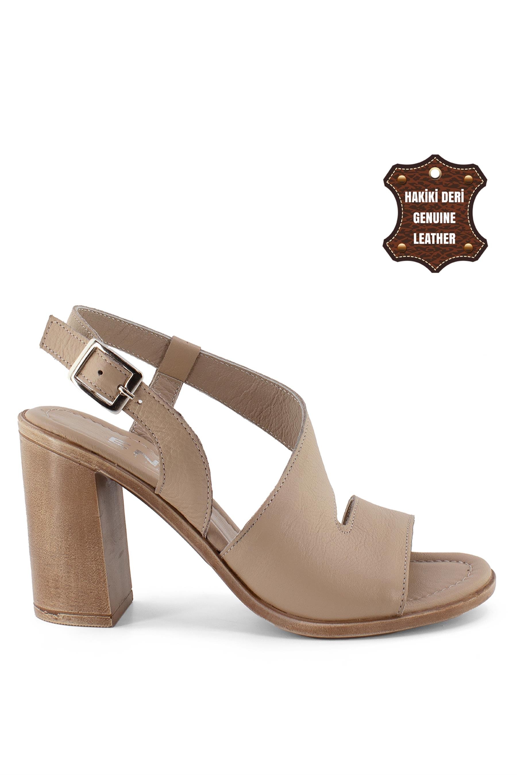 Elit Koc1704C Kadın Hakiki Deri Topuklu Sandalet Bej