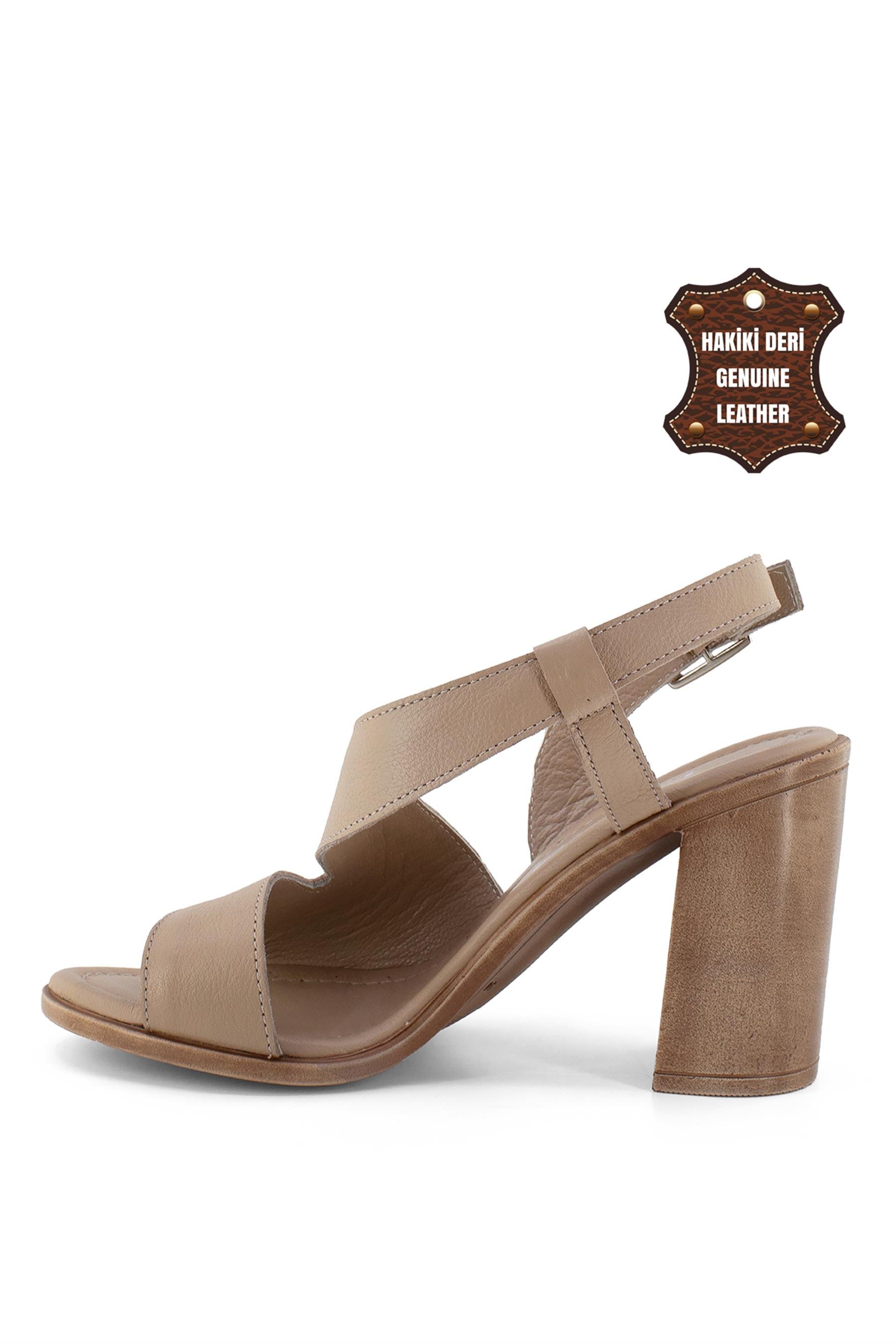 Elit Koc1704C Kadın Hakiki Deri Topuklu Sandalet Bej