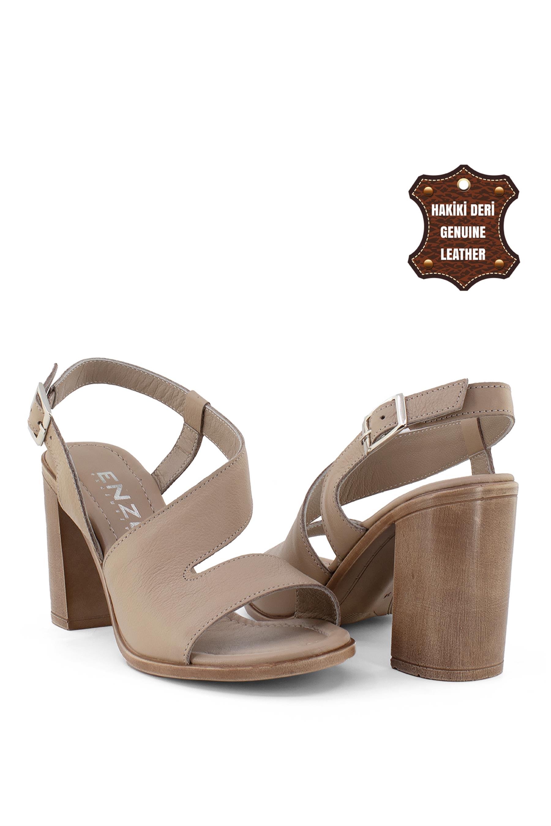 Elit Koc1704C Kadın Hakiki Deri Topuklu Sandalet Bej