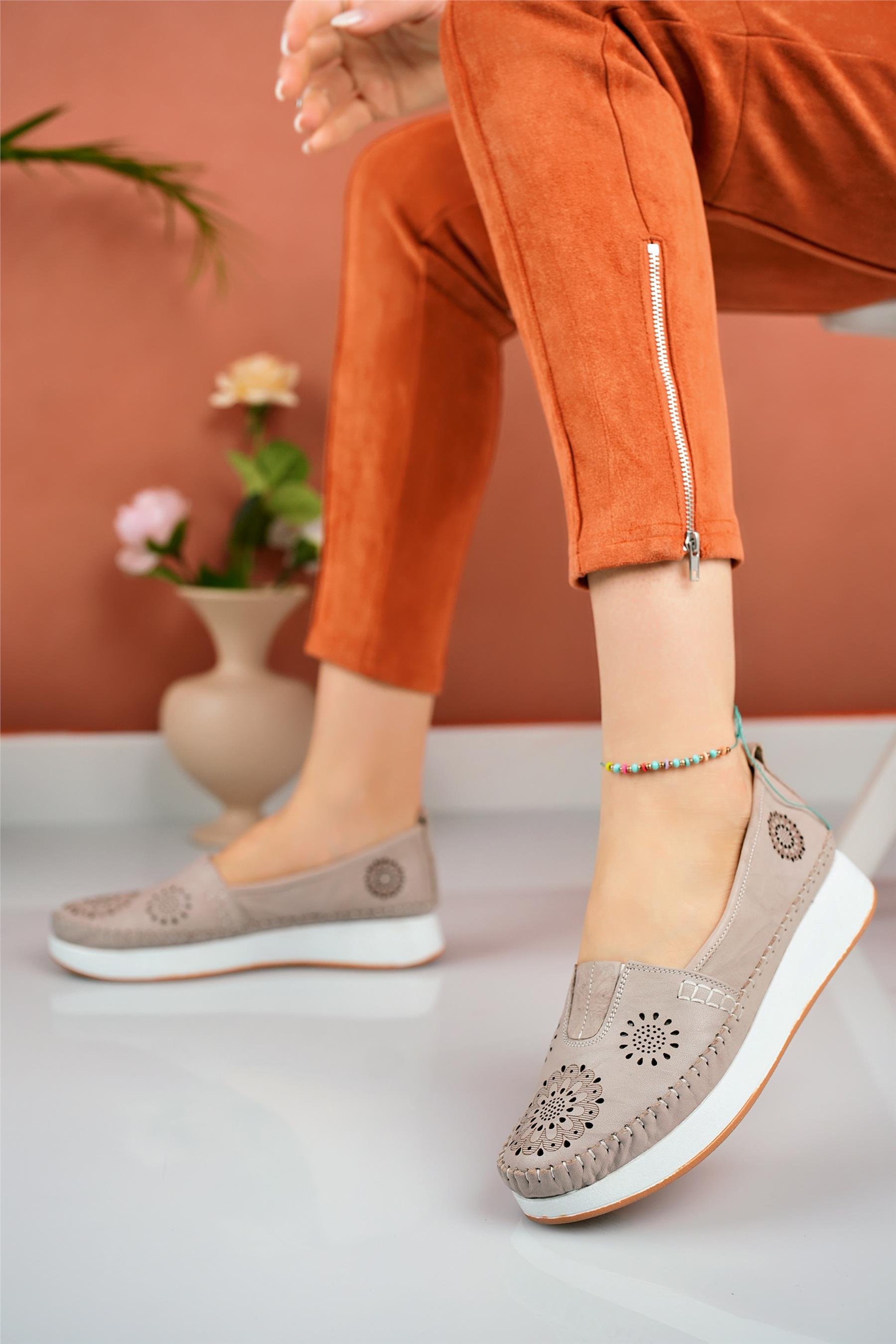 Elit Mn85L21C Kadın Hakiki Deri Espadril Kemik