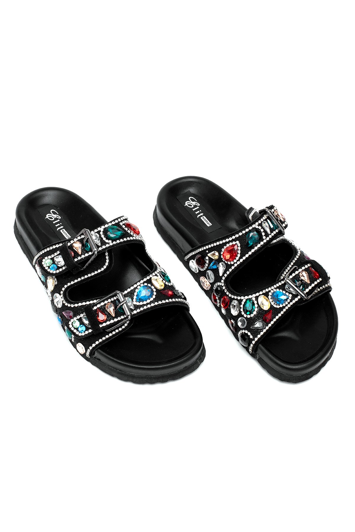 Elit Myra Kadın Hakiki Nubuk Deri Ortopedik Taşlı Düz Terlik Siyah