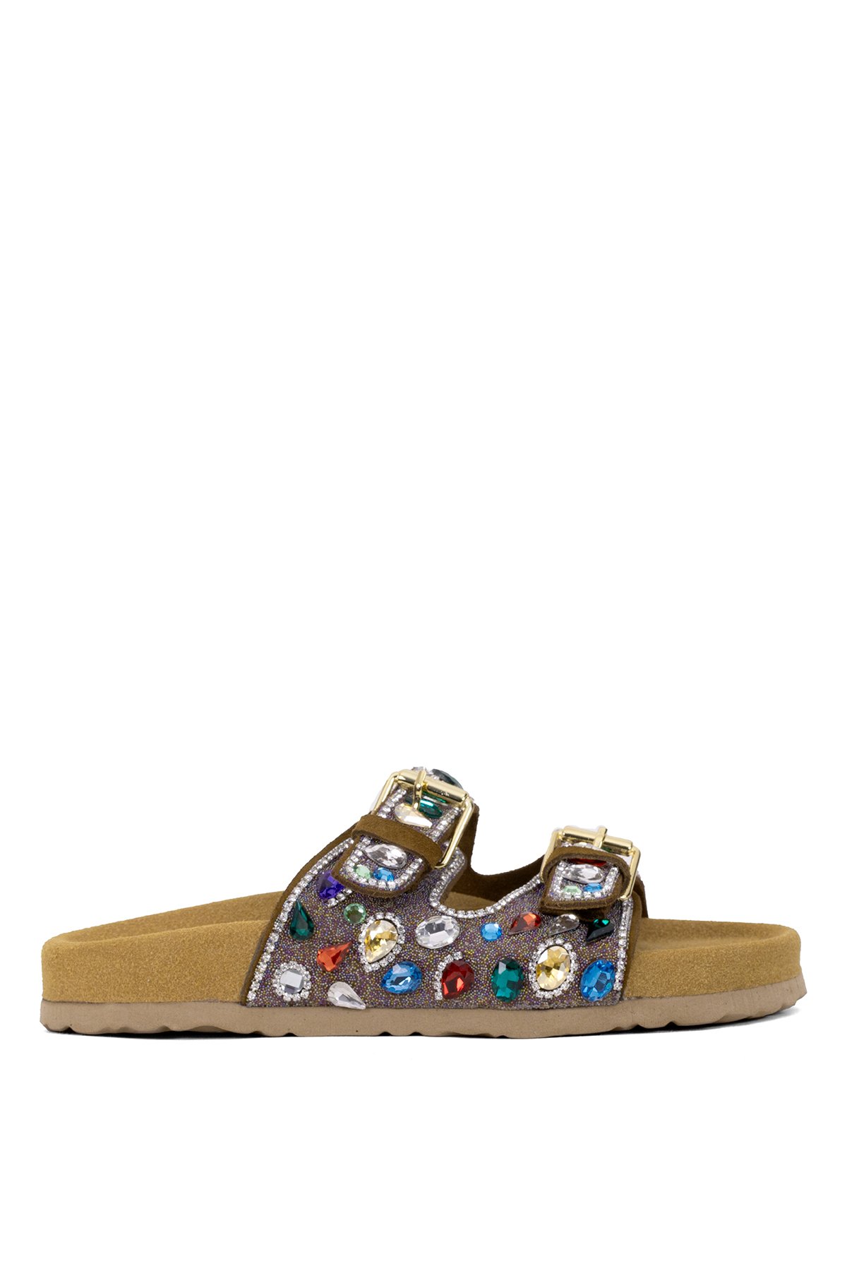 Elit Myra Kadın Hakiki Nubuk Deri Ortopedik Taşlı Düz Terlik Taba