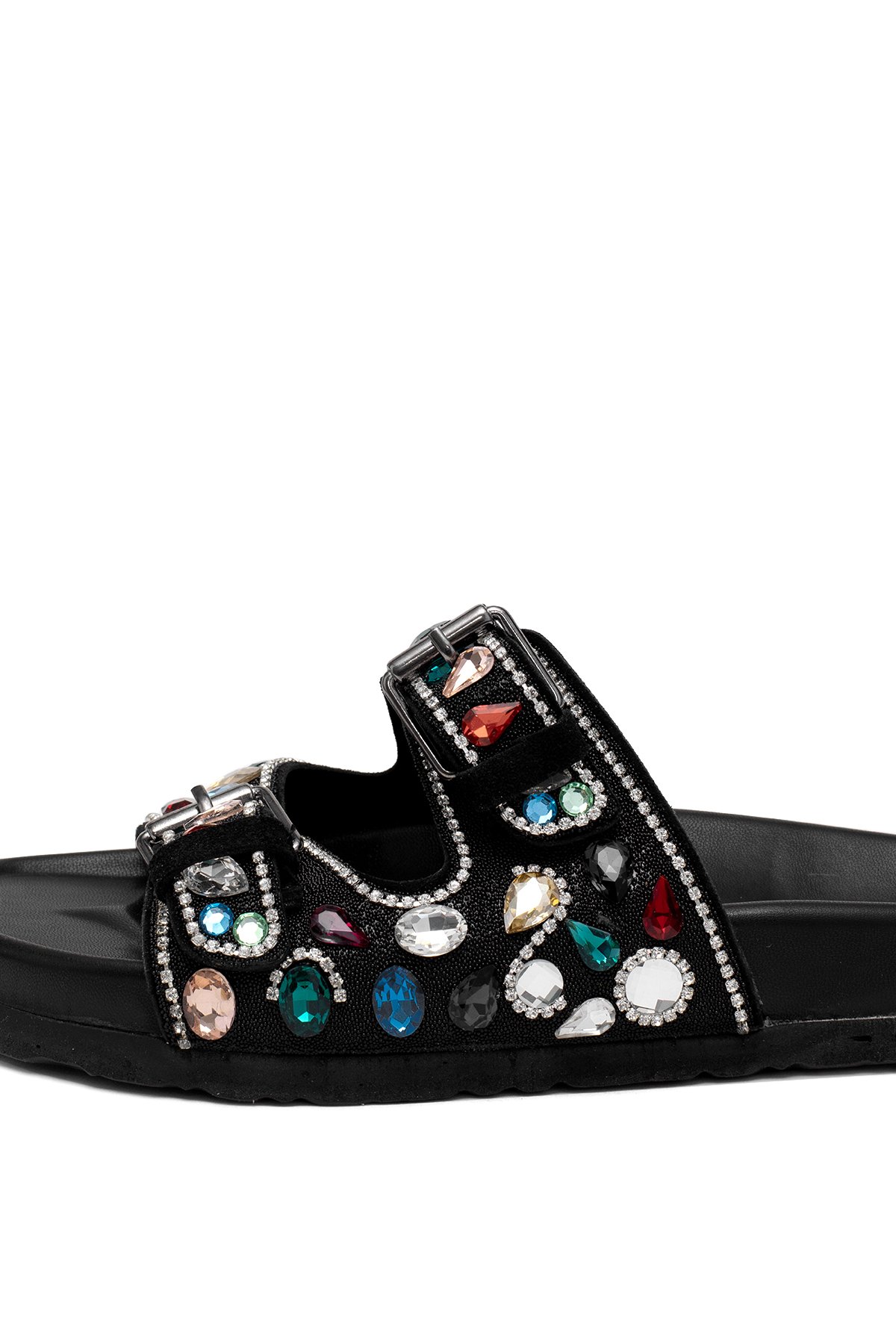 Elit Myra Kadın Hakiki Nubuk Deri Ortopedik Taşlı Düz Terlik Siyah