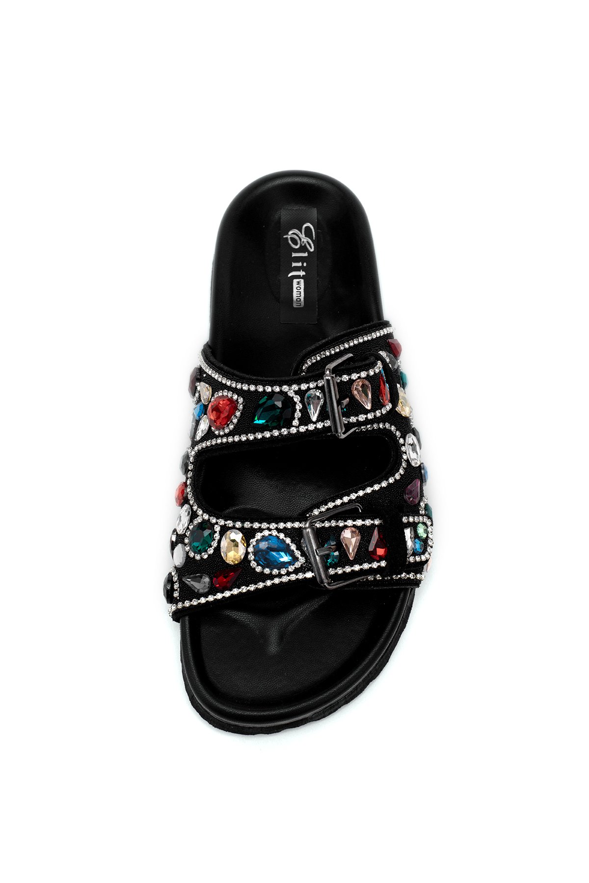 Elit Myra Kadın Hakiki Nubuk Deri Ortopedik Taşlı Düz Terlik Siyah