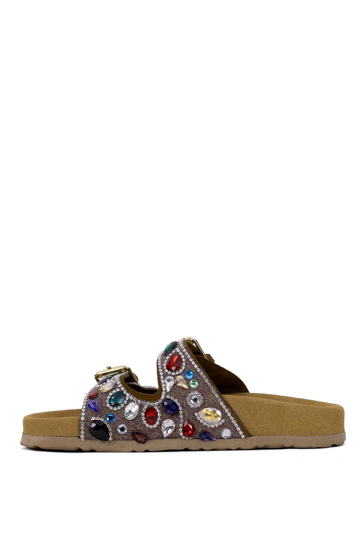 Elit Myra Kadın Hakiki Nubuk Deri Ortopedik Taşlı Düz Terlik Taba