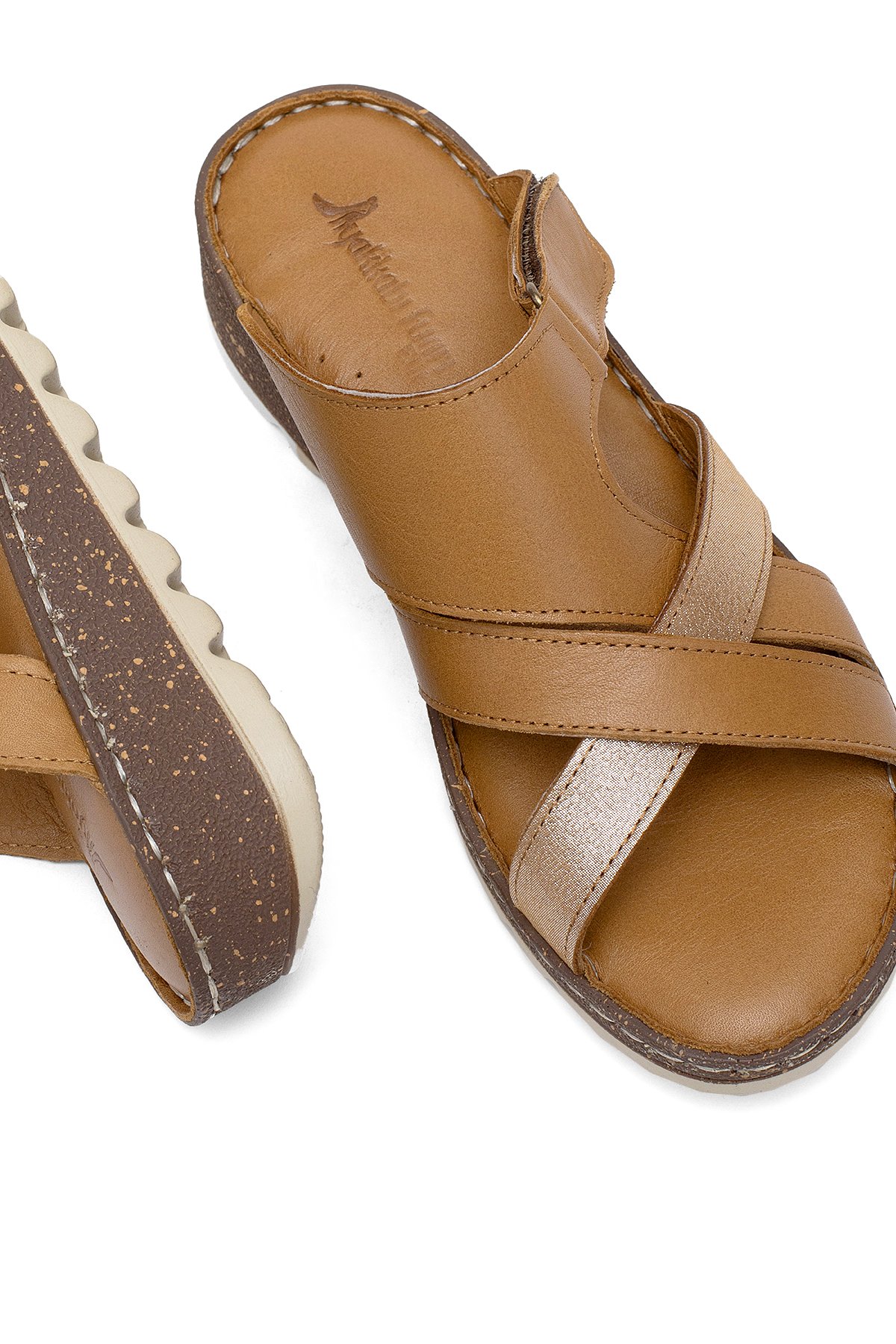 Elit Rhm012 Kadın Hakiki Deri Ortopedik Düz Terlik Taba