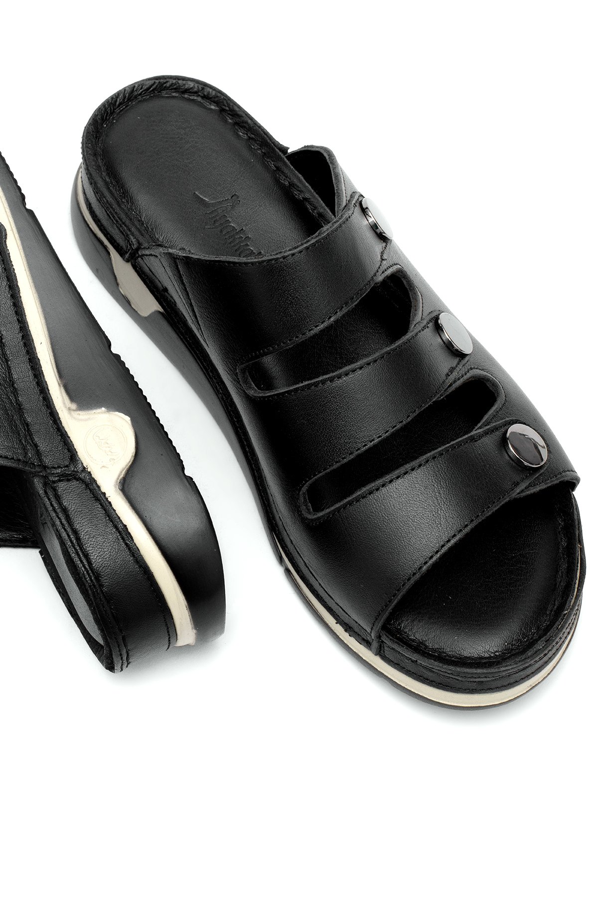 Elit RhmM-15 Kadın Hakiki Deri Ortopedik Düz Terlik Siyah