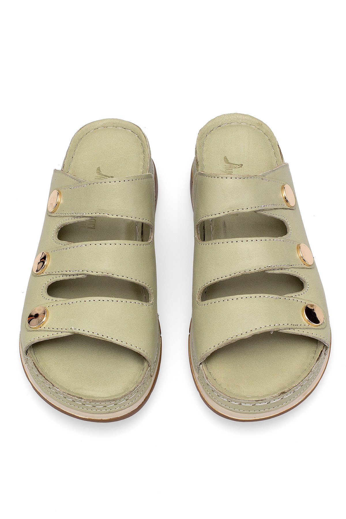 Elit RhmM-15 Kadın Hakiki Deri Ortopedik Düz Terlik Yeşil