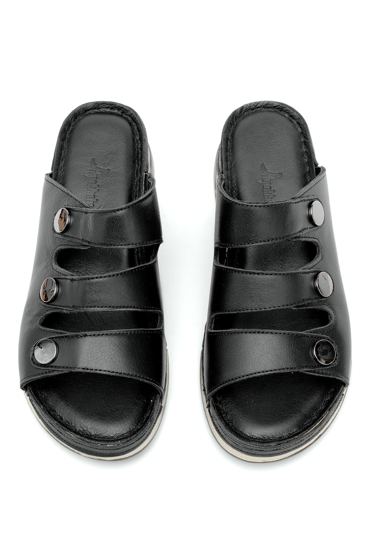 Elit RhmM-15 Kadın Hakiki Deri Ortopedik Düz Terlik Siyah