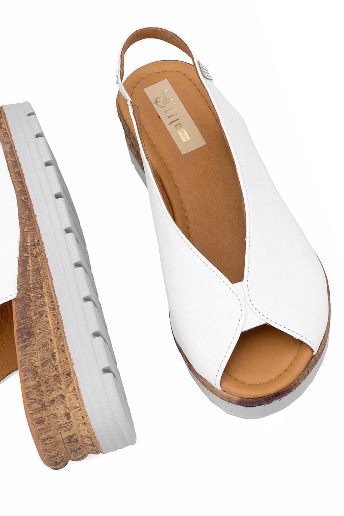 Elit Zeyn8094 Kadın Hakiki Deri Ortopedik Dolgu Topuk Sandalet Beyaz