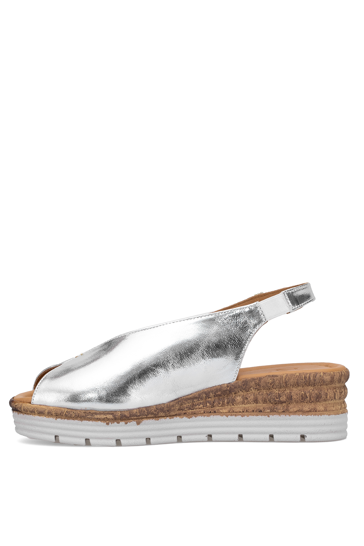 Elit Zeyn8094 Kadın Hakiki Deri Ortopedik Dolgu Topuk Sandalet Gümüş