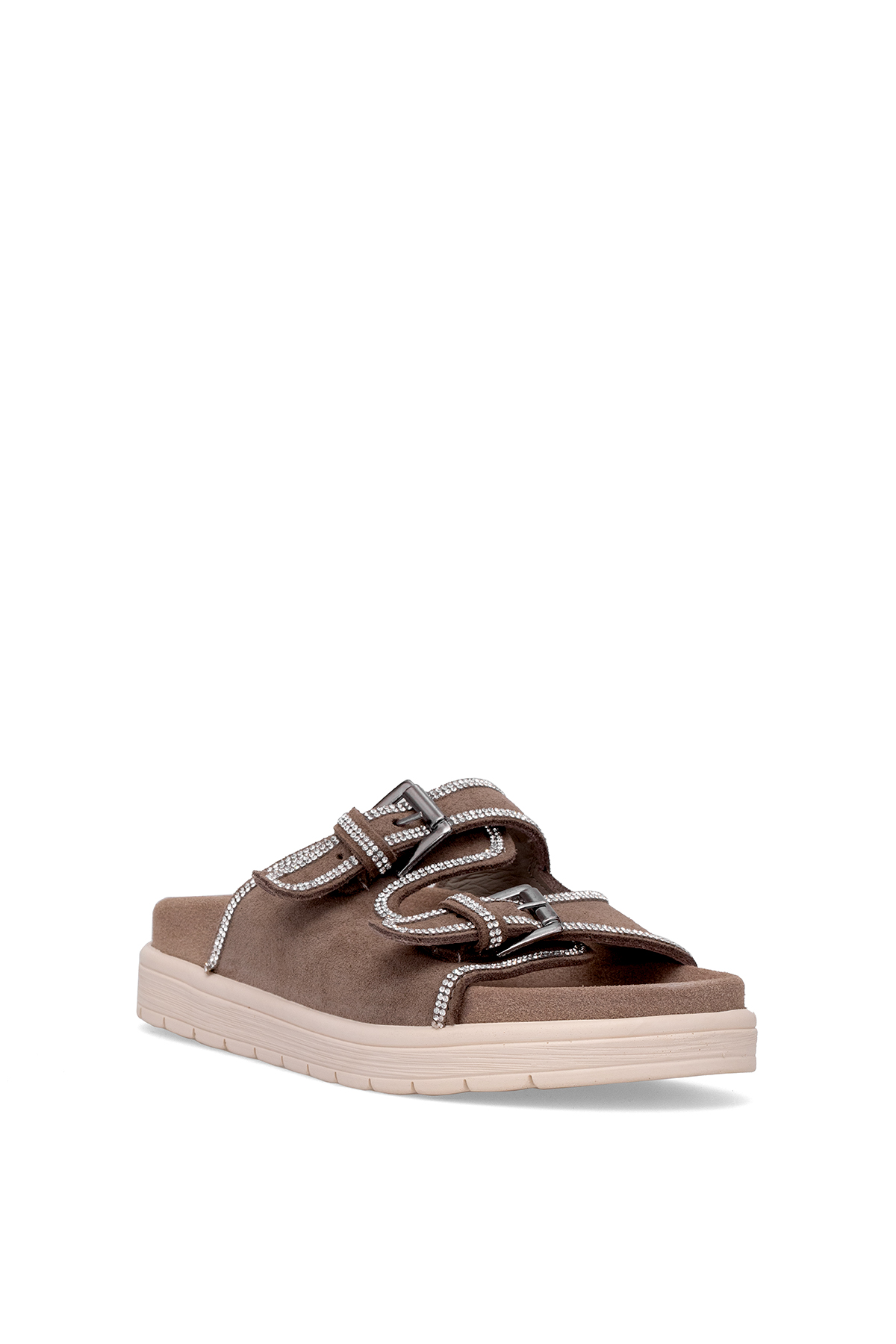 Elit Zeyn8144S Kadın Hakiki Nubuk Deri Ortopedik Taşlı Düz Terlik Vizon