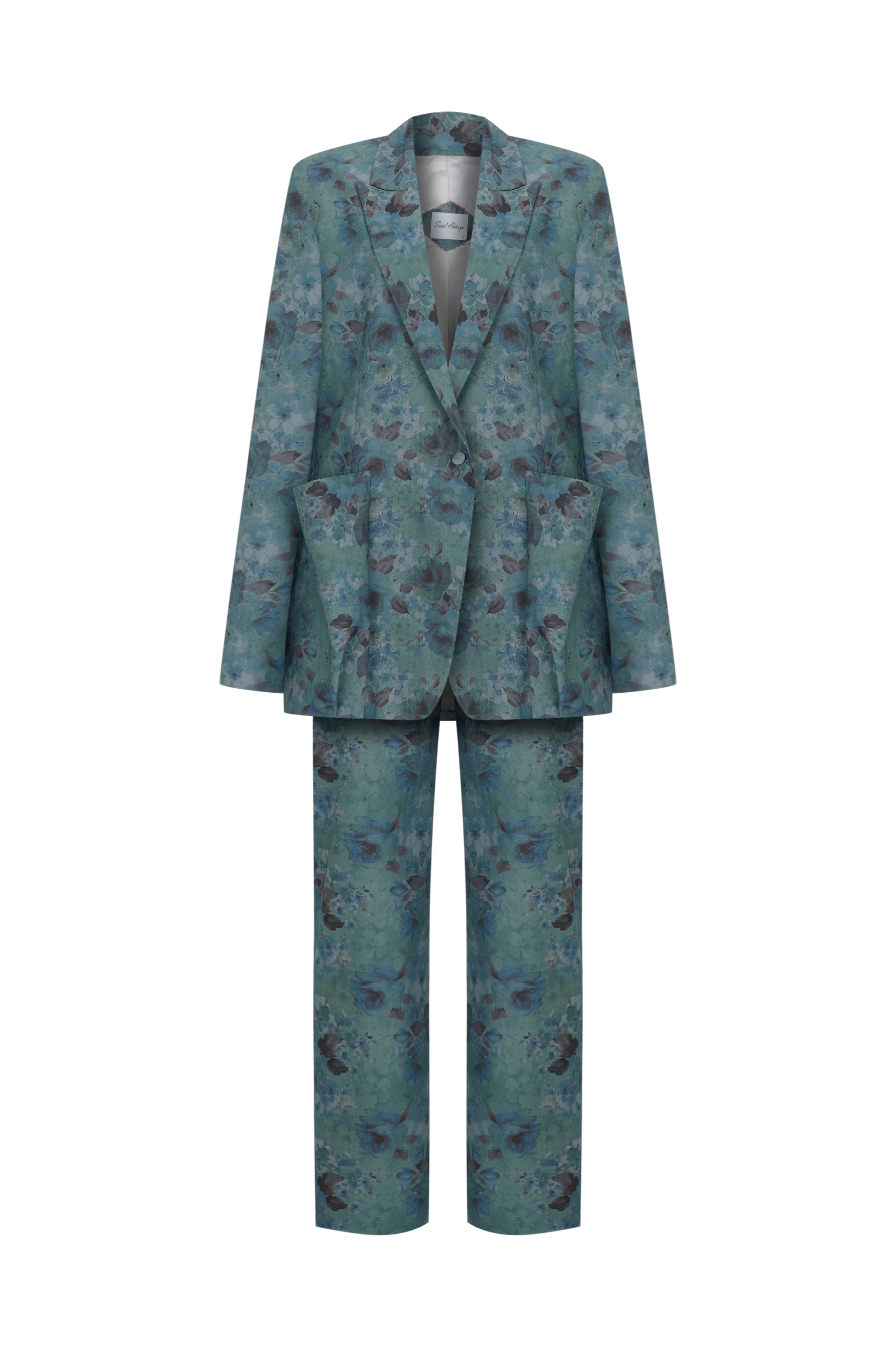 Desenli Mavi Blazer Takımı