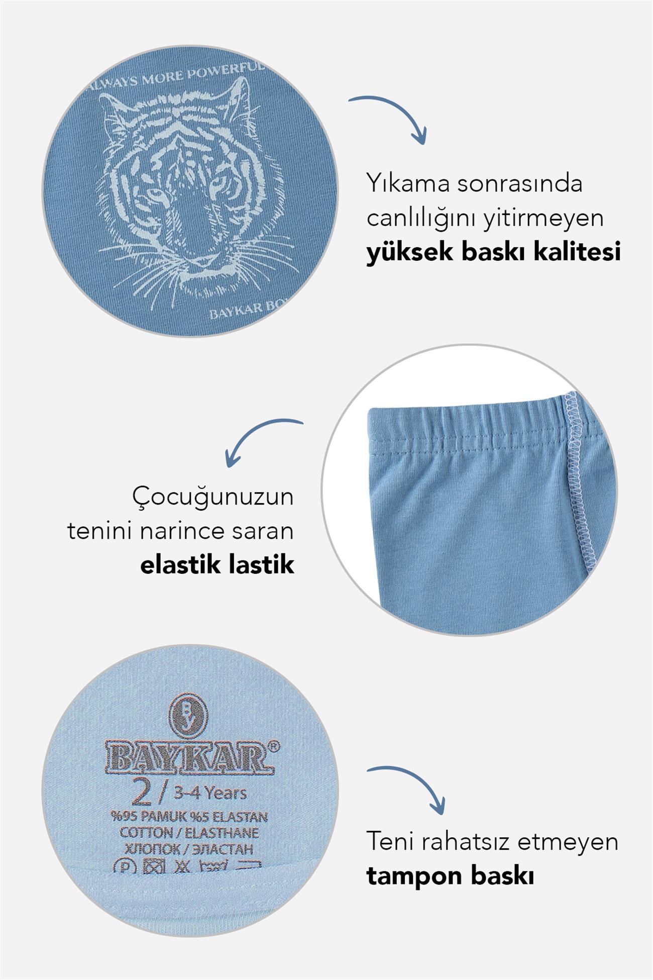 Erkek Çocuk Pamuklu Kaplan Desenli Rahat Kesim Boxer 3'lü Paket Mavi