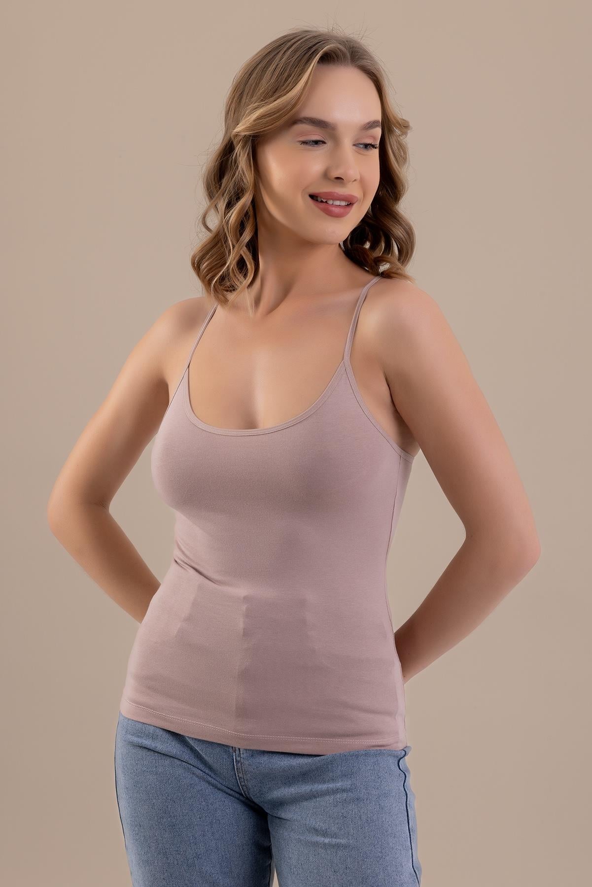 İp Askılı Oval Yaka Pamuklu Basic Kadın Atlet 6305 Pudra