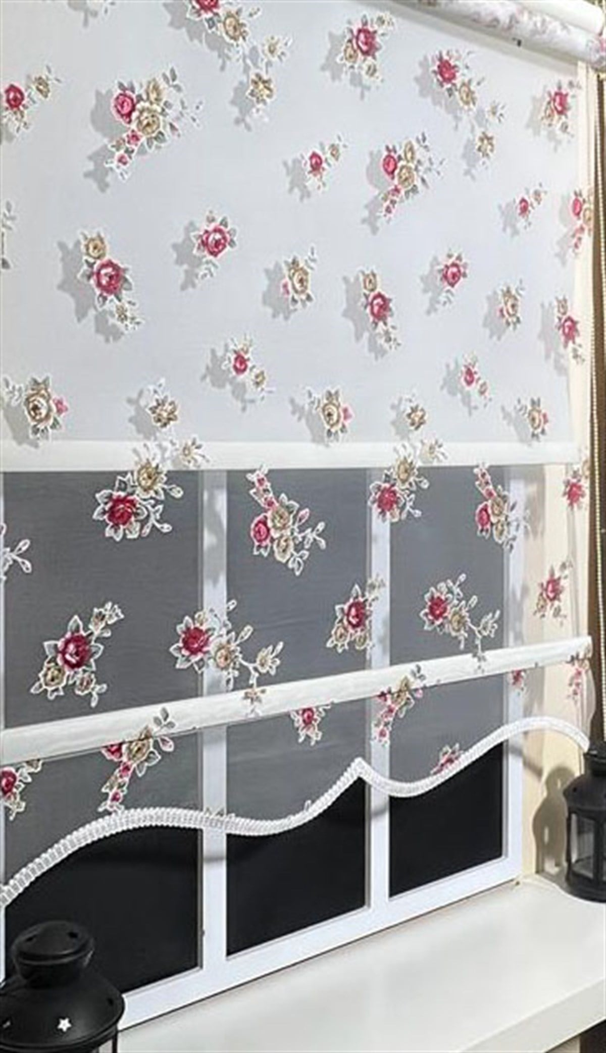 Çift Mekanizmalı Çiçekli Tül Stor ve Ekru Stor Perde ST 045