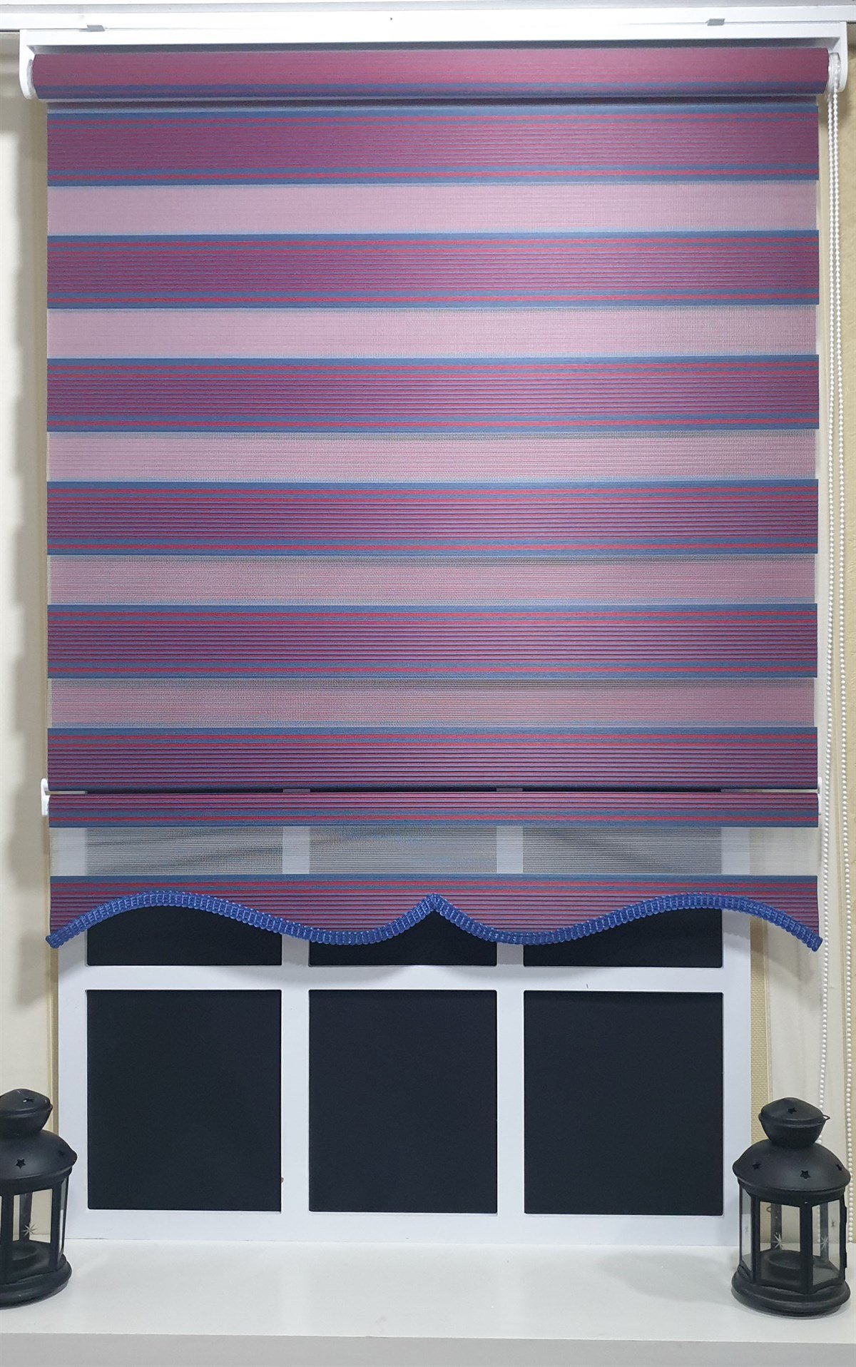 Pliseli Zebra Stor Perde Bordo Mavi Etek Dilimli ST 017