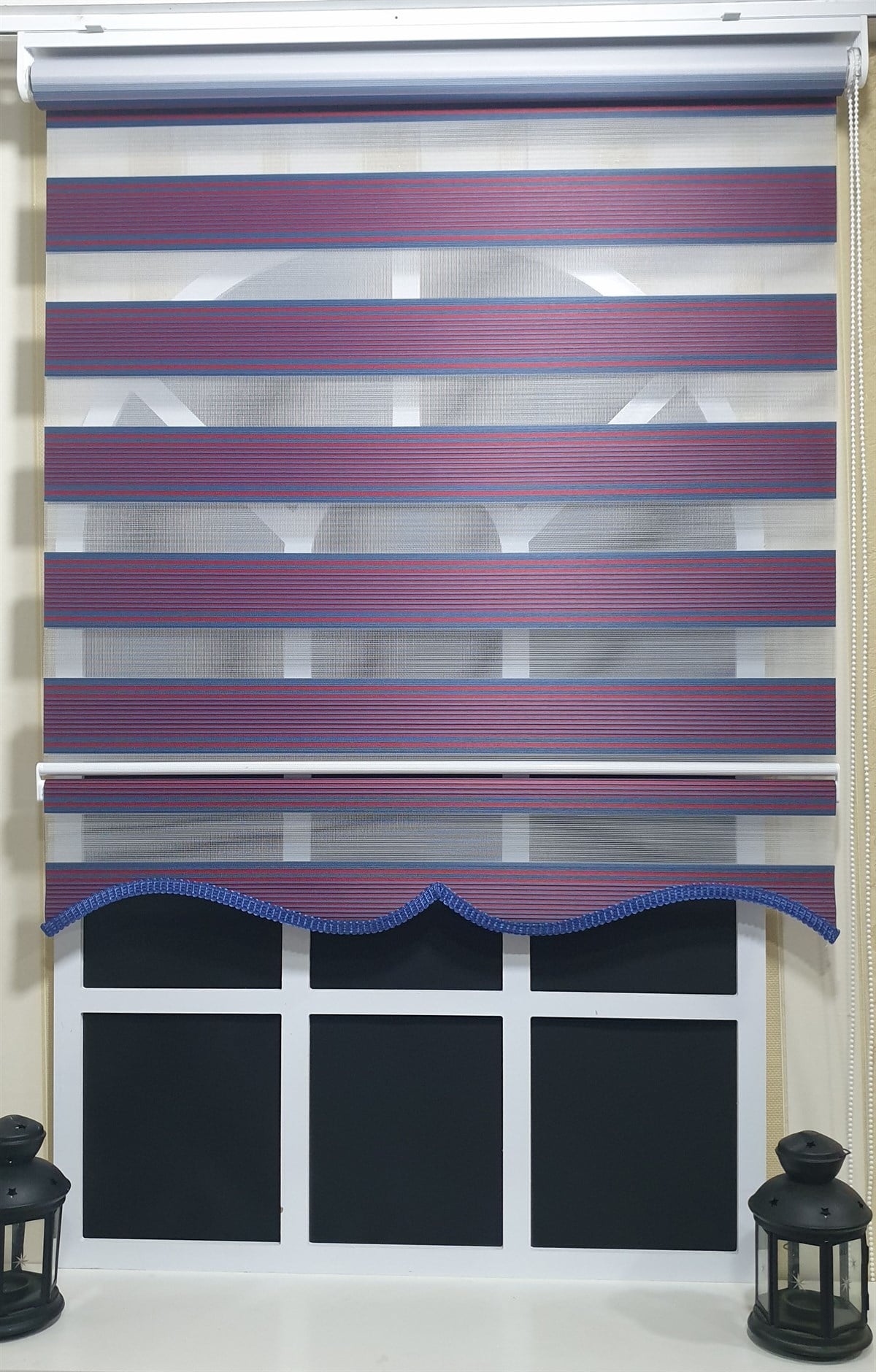 Pliseli Zebra Stor Perde Bordo Mavi Etek Dilimli ST 017