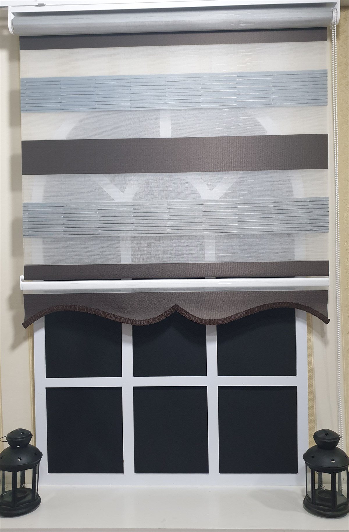 Pliseli Zebra Stor Perde Kahve Gri Etek Dilimli ST 015