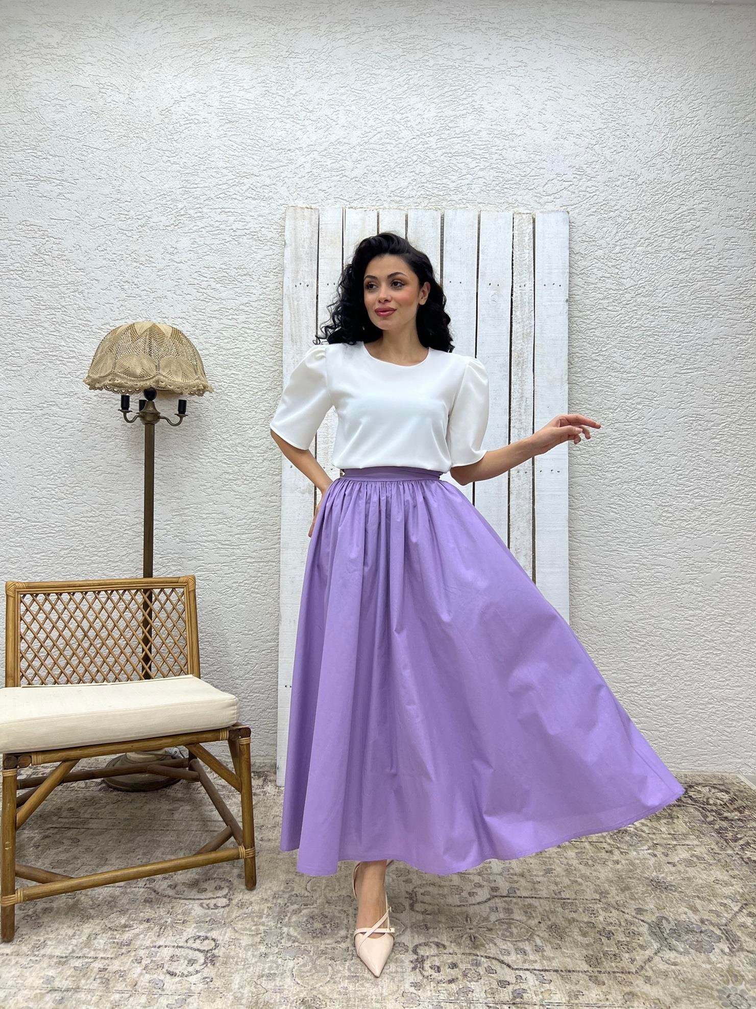 Lila Poplin Kloş Etek