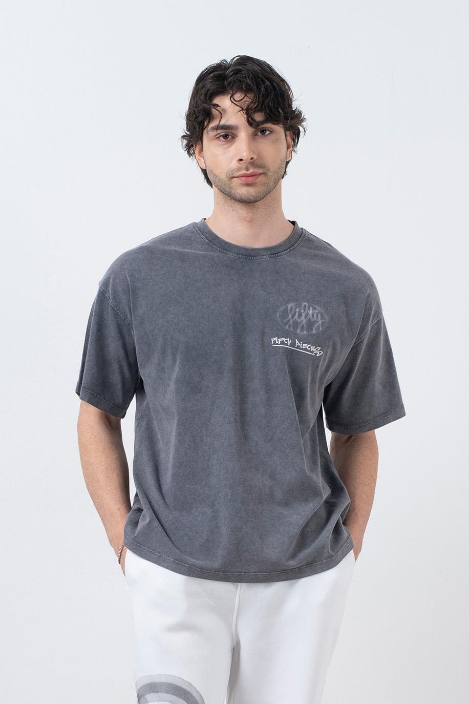 Erkek Antrasit Düşük Omuzlu Asit Yıkamalı T-Shirt