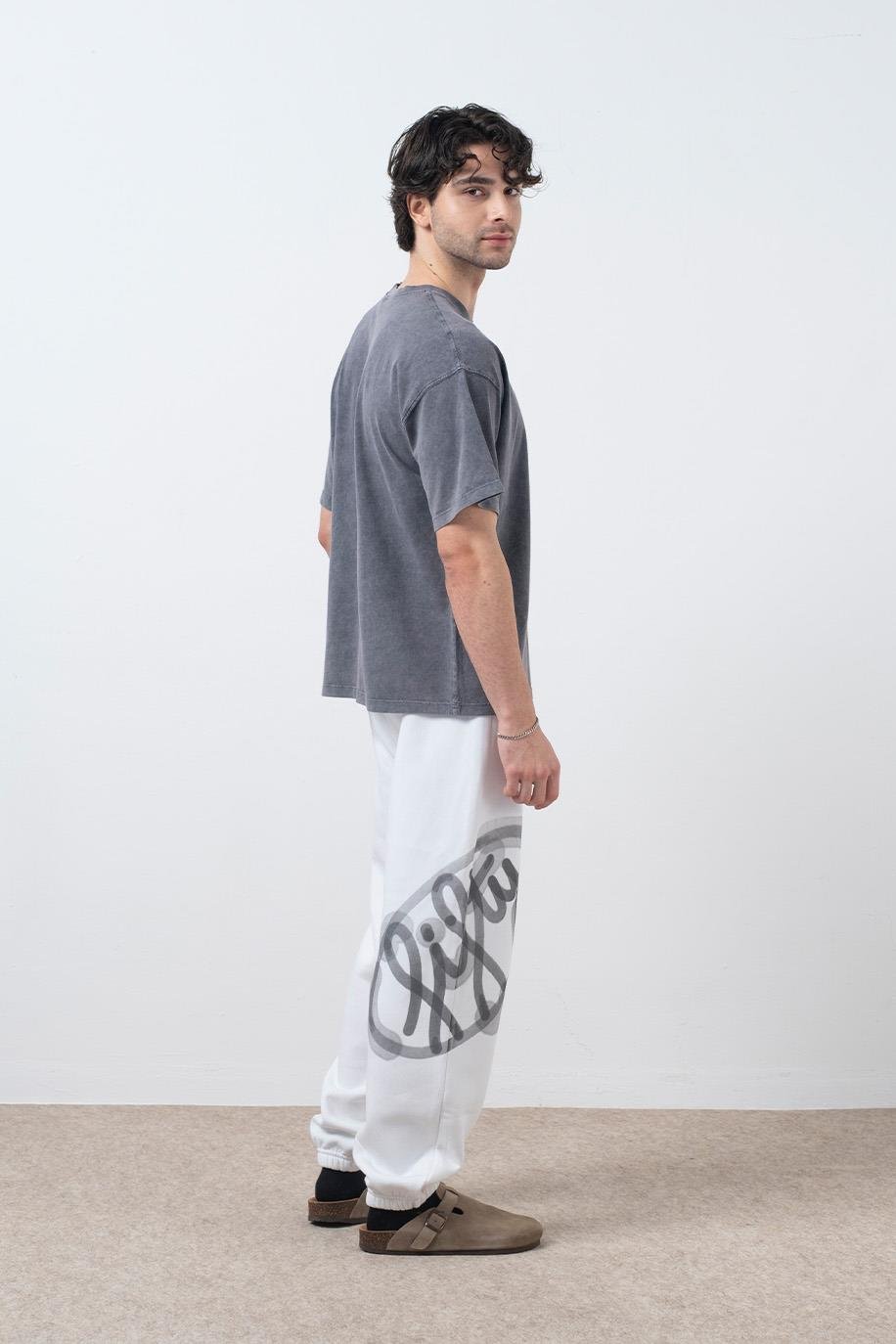 Erkek Antrasit Düşük Omuzlu Asit Yıkamalı T-Shirt