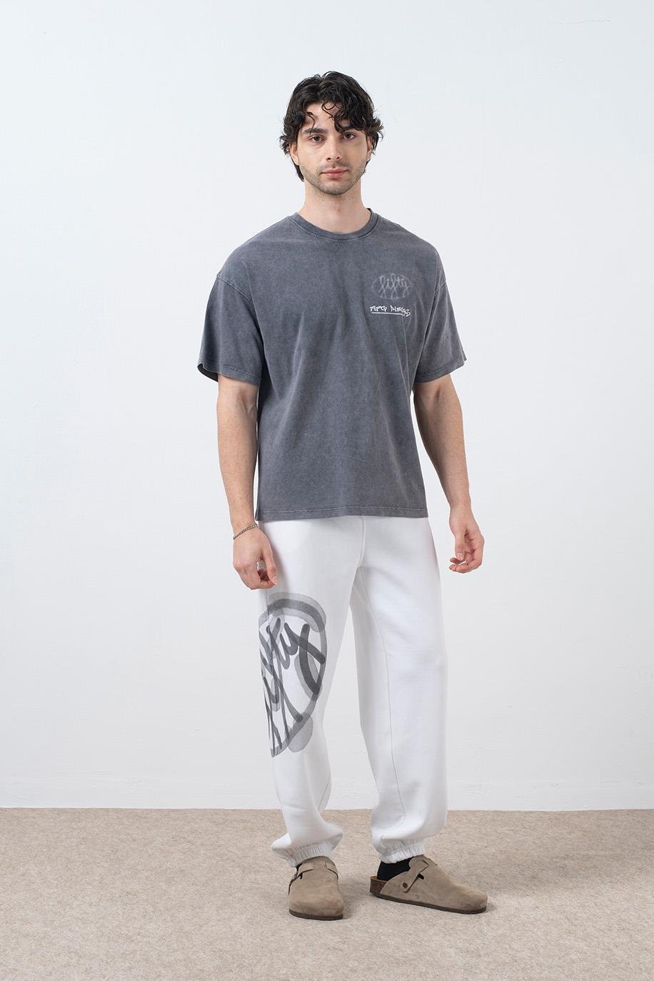 Erkek Beyaz Loose Fit Jogger Pantolon