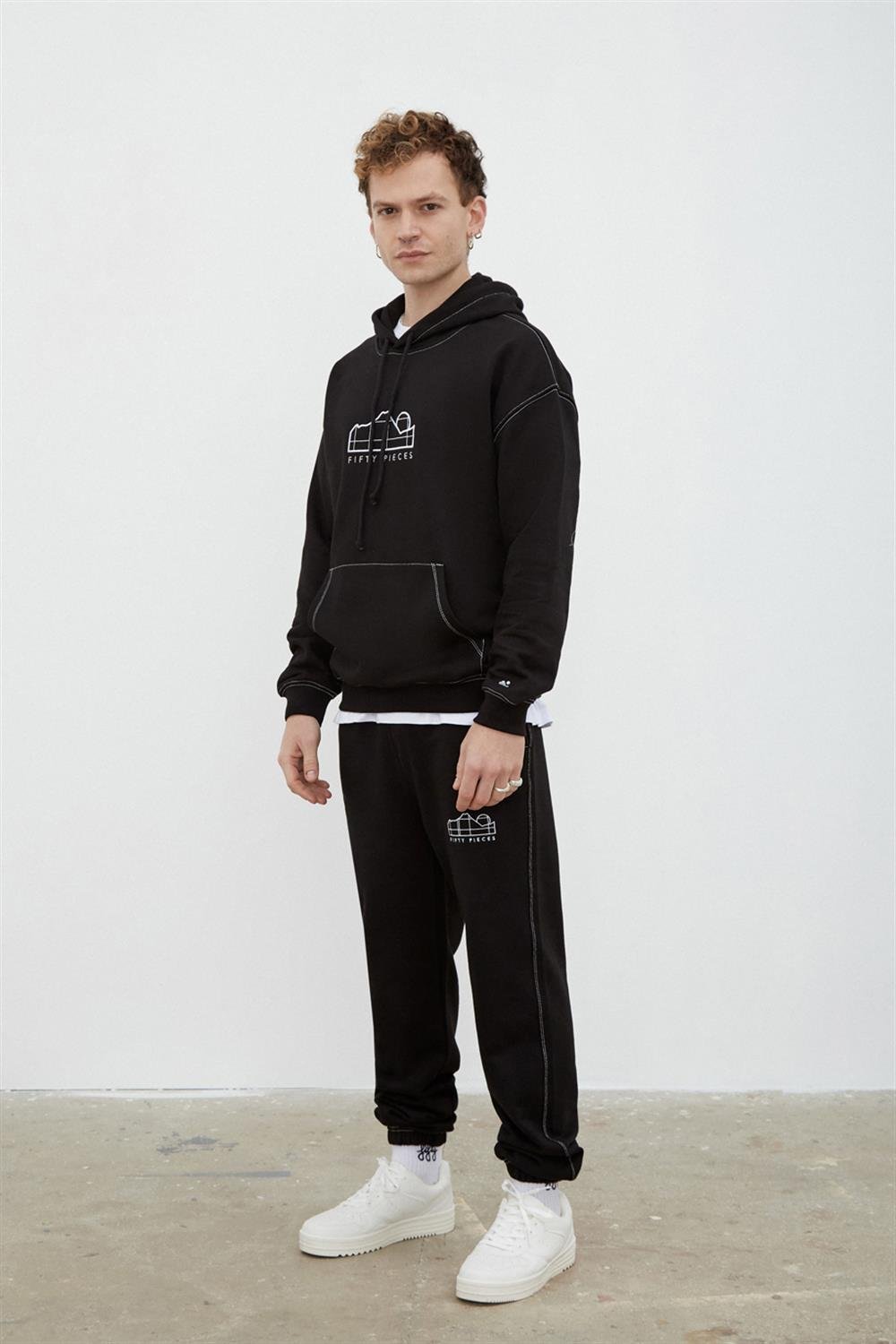 ERKEK DÜŞÜK OMUZLU KONTRAST DİKİŞLİ HOODIE