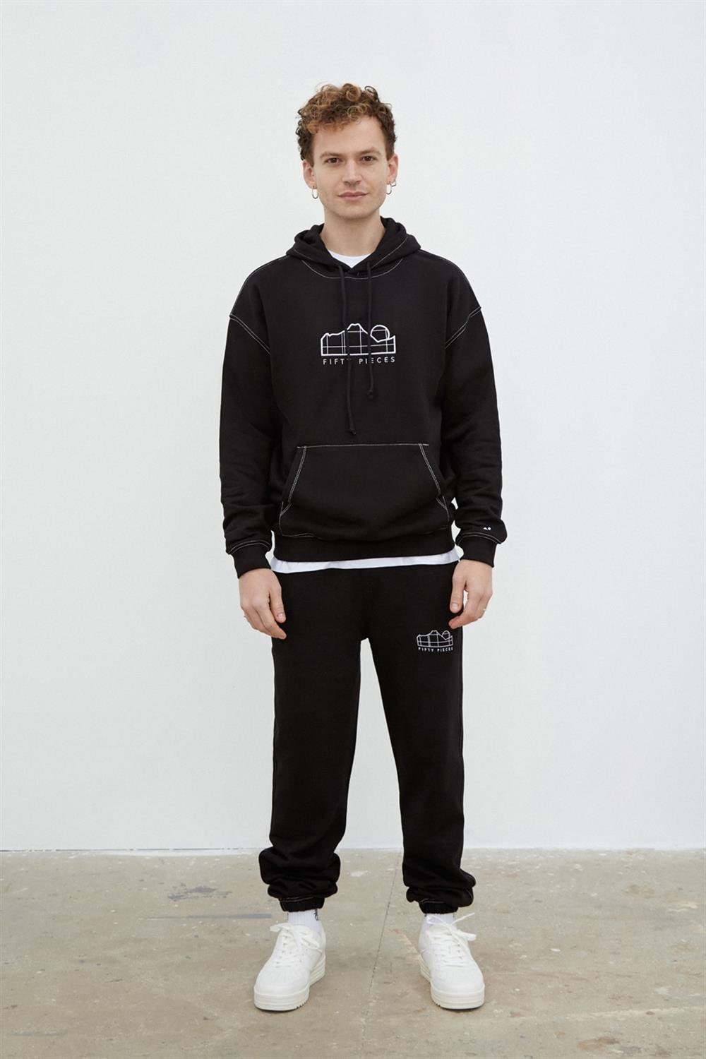 ERKEK DÜŞÜK OMUZLU KONTRAST DİKİŞLİ HOODIE