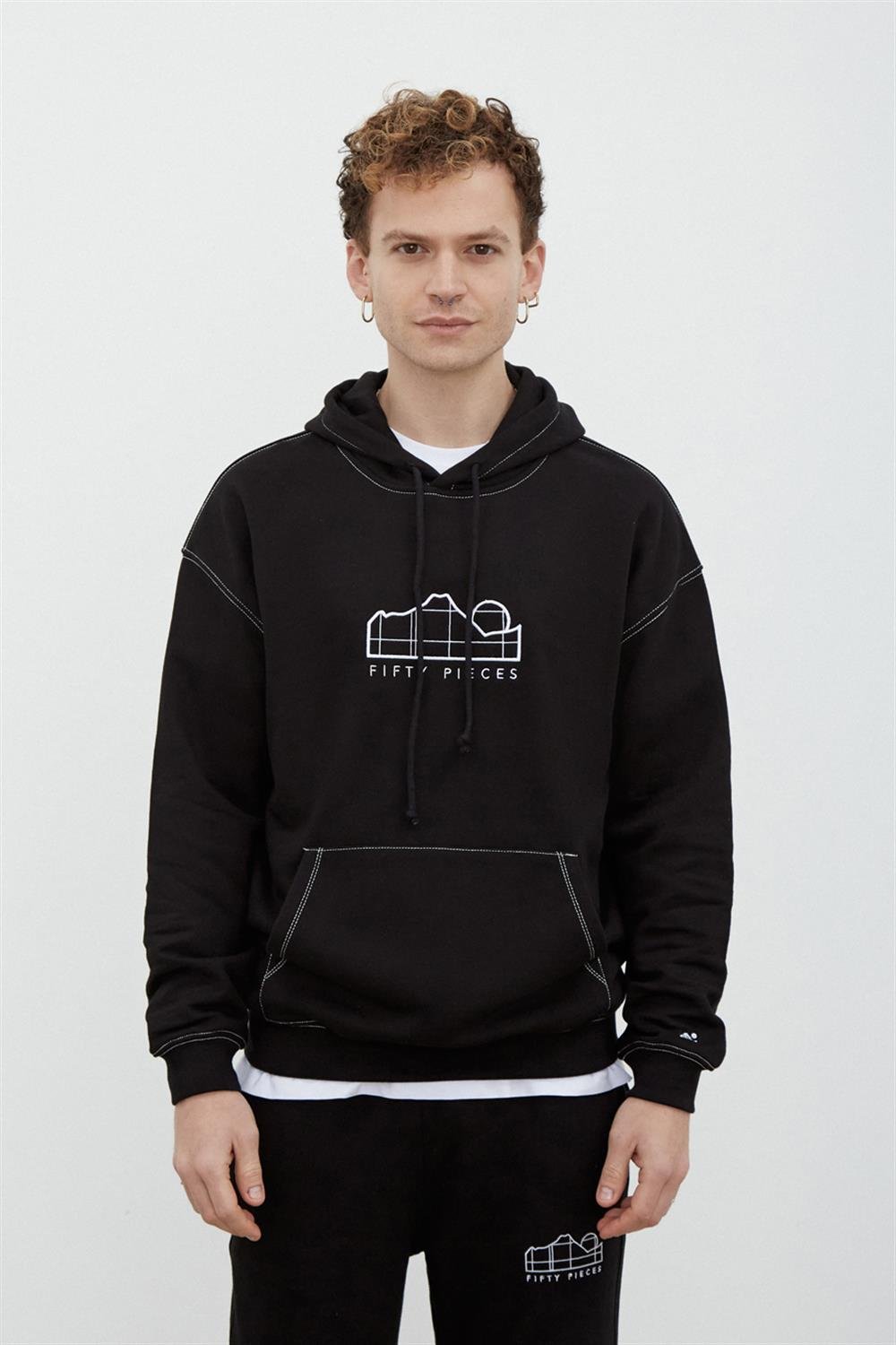 ERKEK DÜŞÜK OMUZLU KONTRAST DİKİŞLİ HOODIE