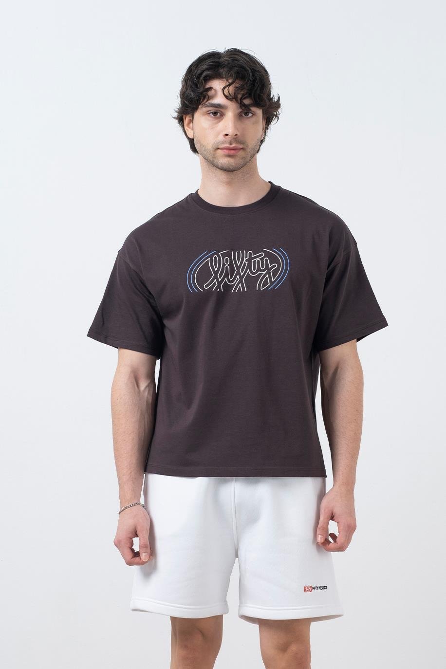 Erkek Kahverengi Düşük Omuzlu Sırt Baskılı T-Shirt