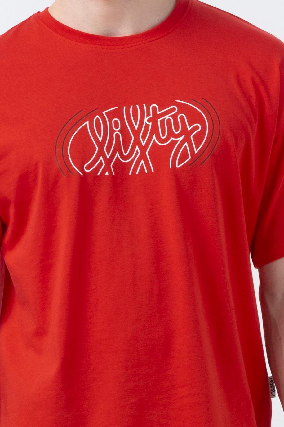 Erkek Kırmızı Düşük Omuzlu Sırt Baskılı T-Shirt