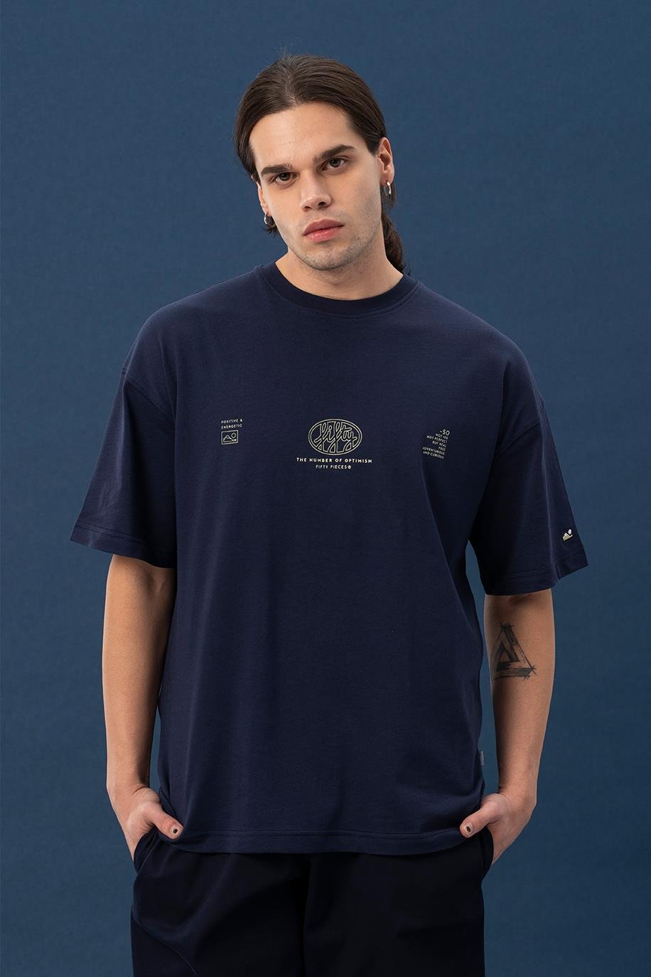 Erkek Lacivert Core Düşük Omuzlu T-Shirt