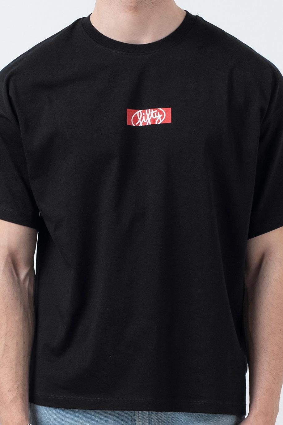 Erkek Siyah Düşük Omuzlu Sırt Baskılı T-Shirt