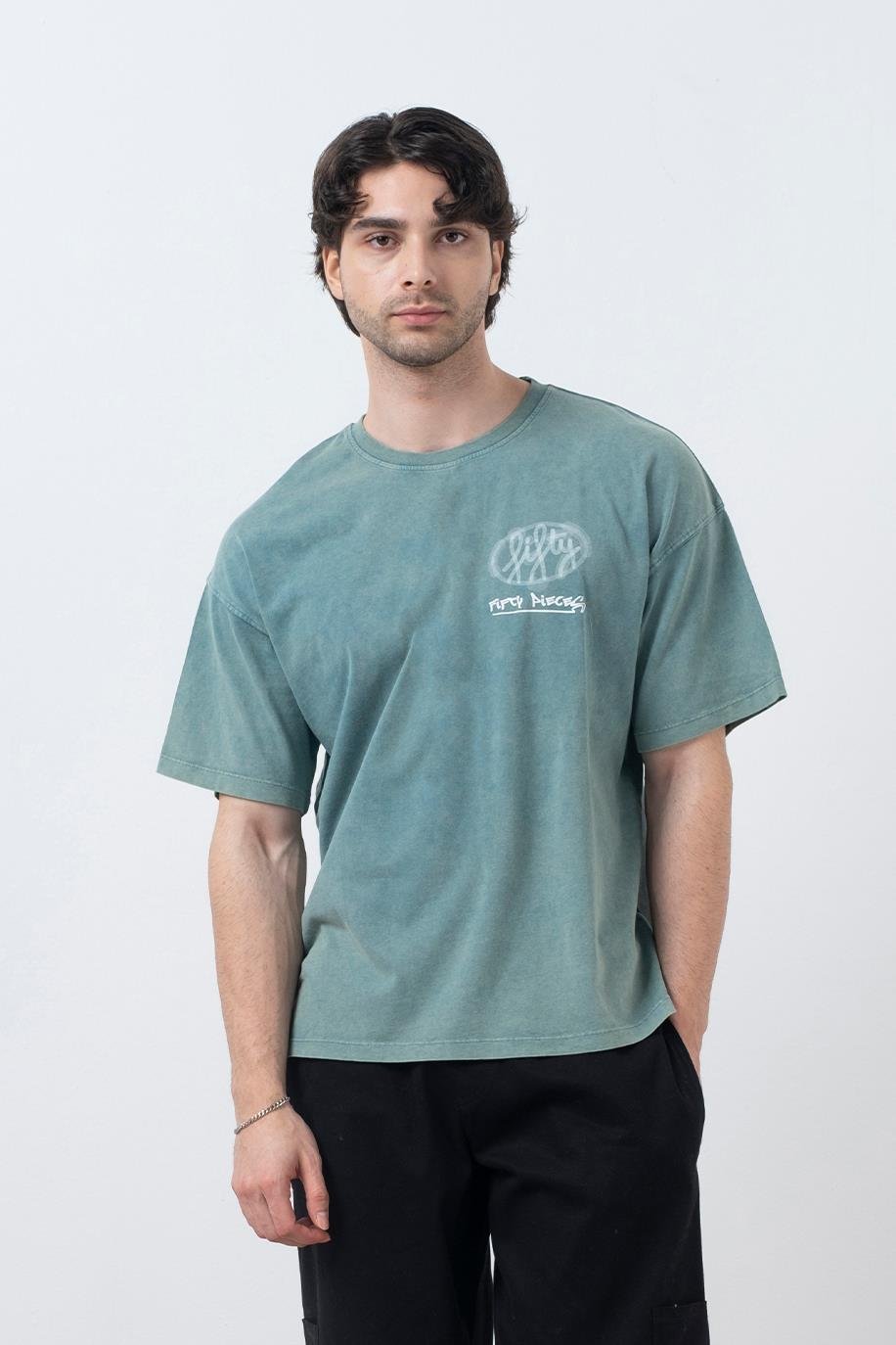 Erkek Yeşil Düşük Omuzlu Asit Yıkamalı T-Shirt