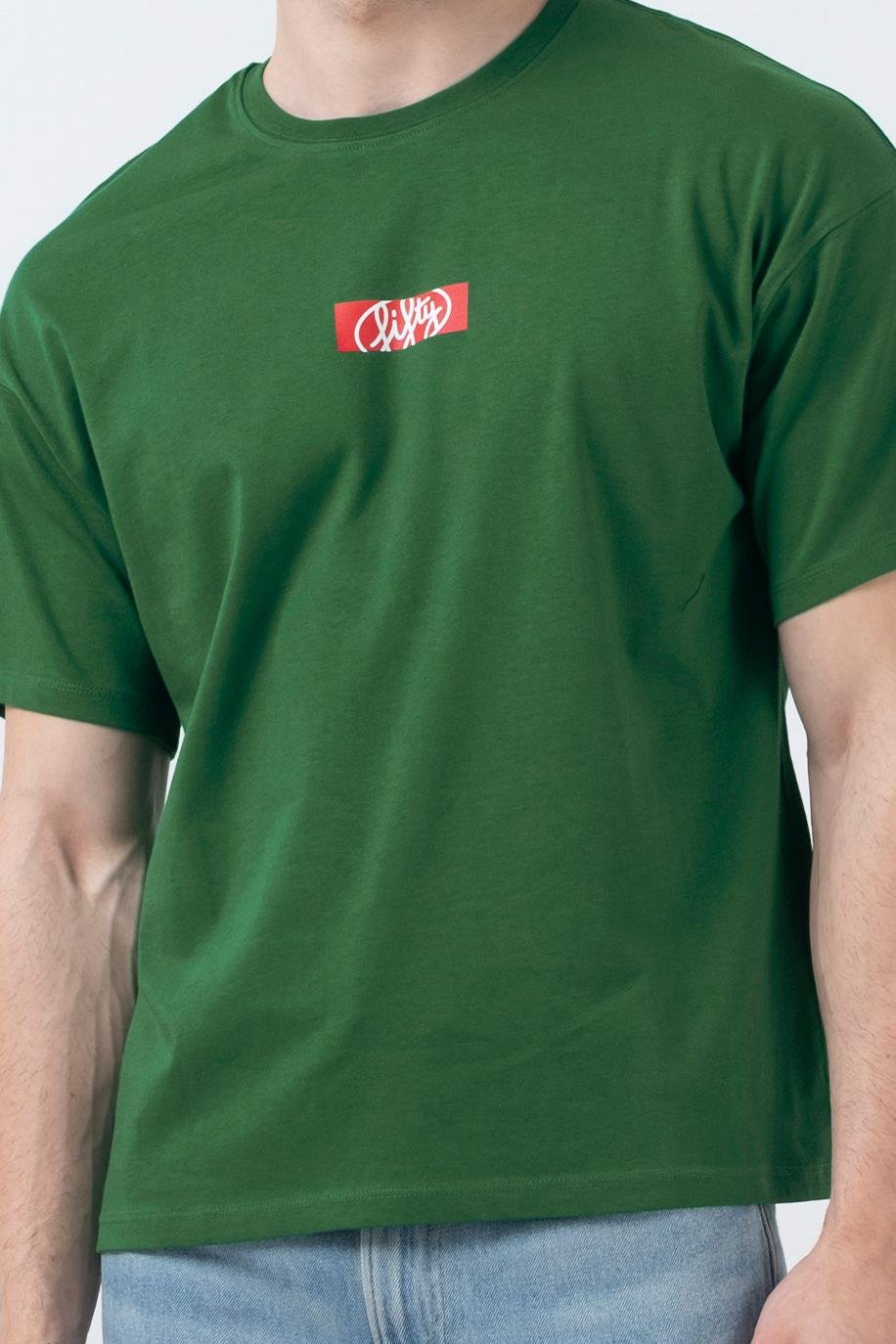 Erkek Yeşil Düşük Omuzlu Sırt Baskılı T-Shirt