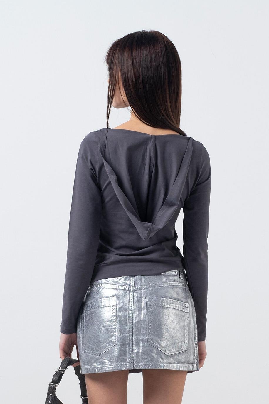 Kadın Antrasit Kapüşonlu Uzun Kollu Bluz