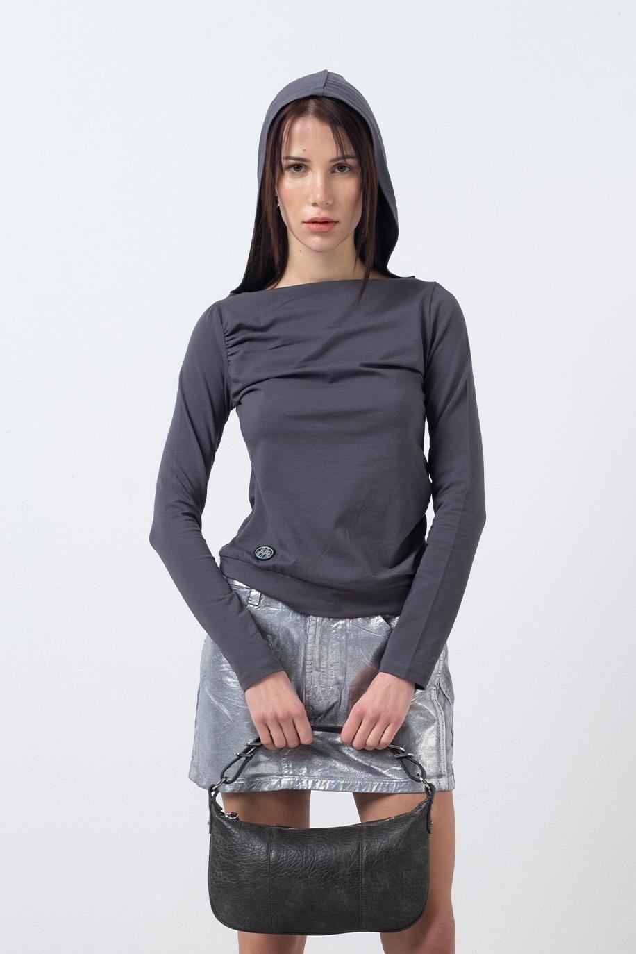 Kadın Antrasit Kapüşonlu Uzun Kollu Bluz