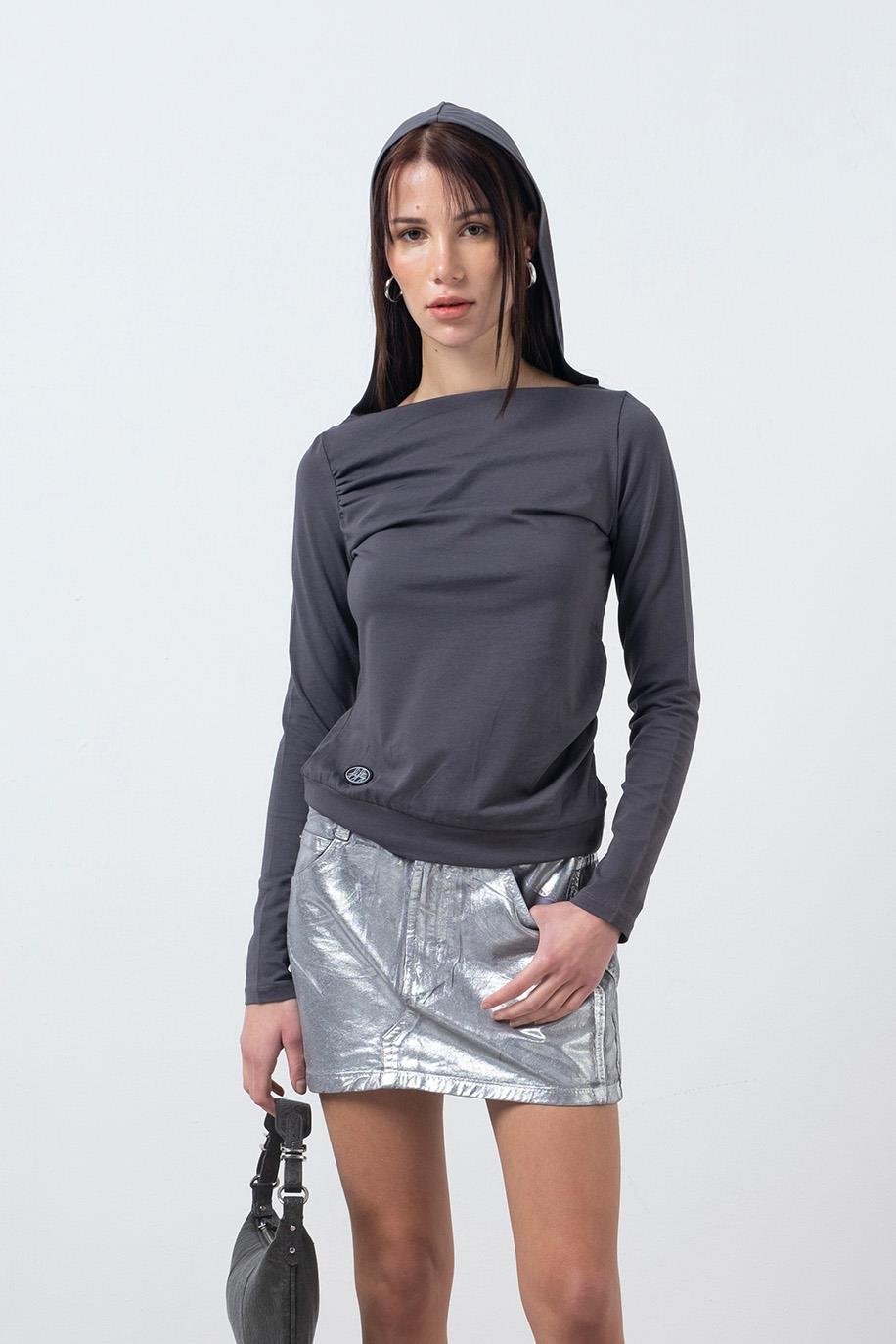 Kadın Antrasit Kapüşonlu Uzun Kollu Bluz