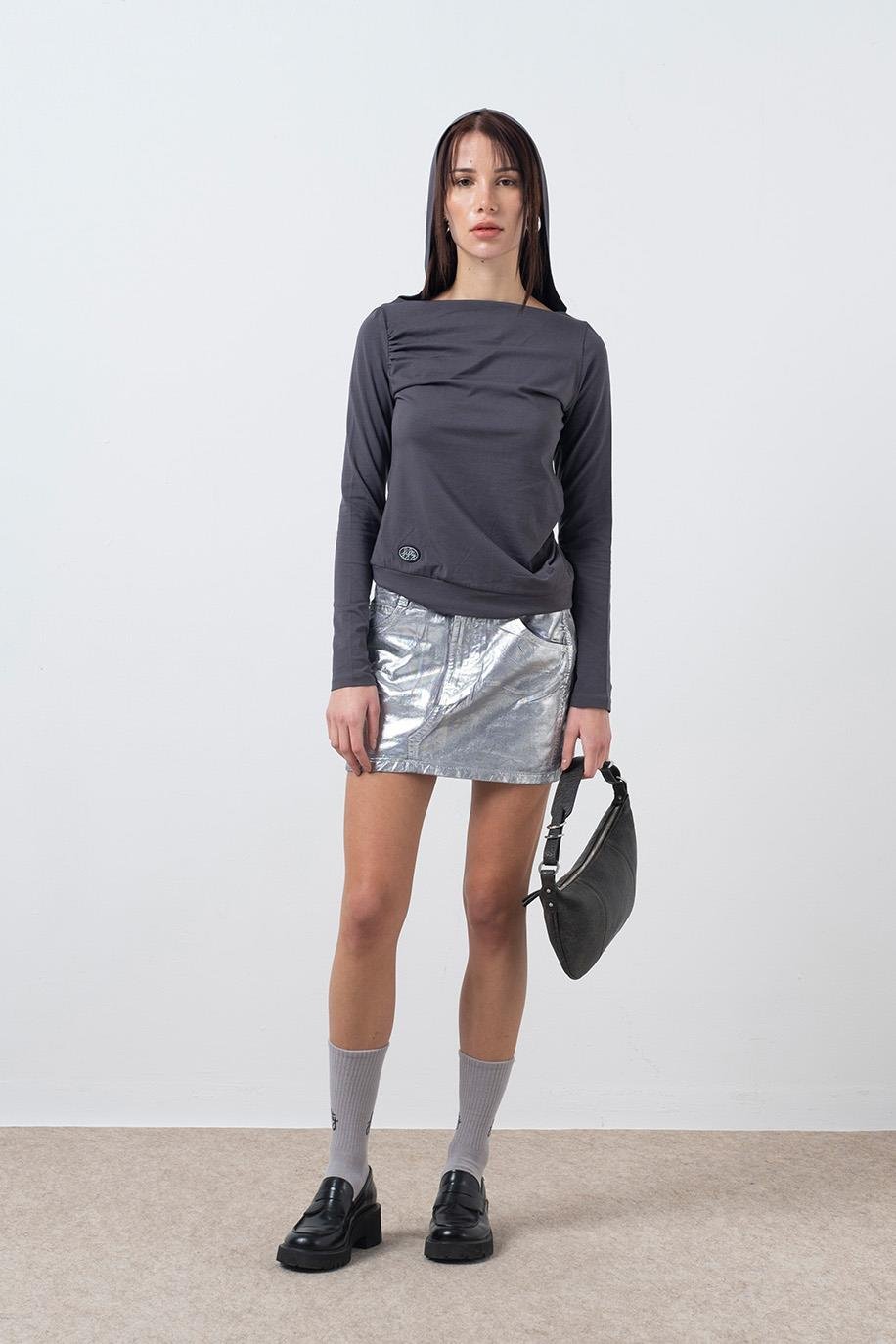 Kadın Antrasit Kapüşonlu Uzun Kollu Bluz