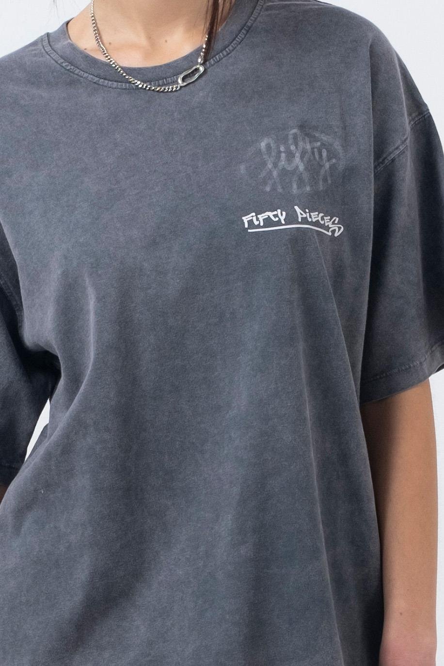 Kadın Antrasit Oversize Asit Yıkamalı T-Shirt