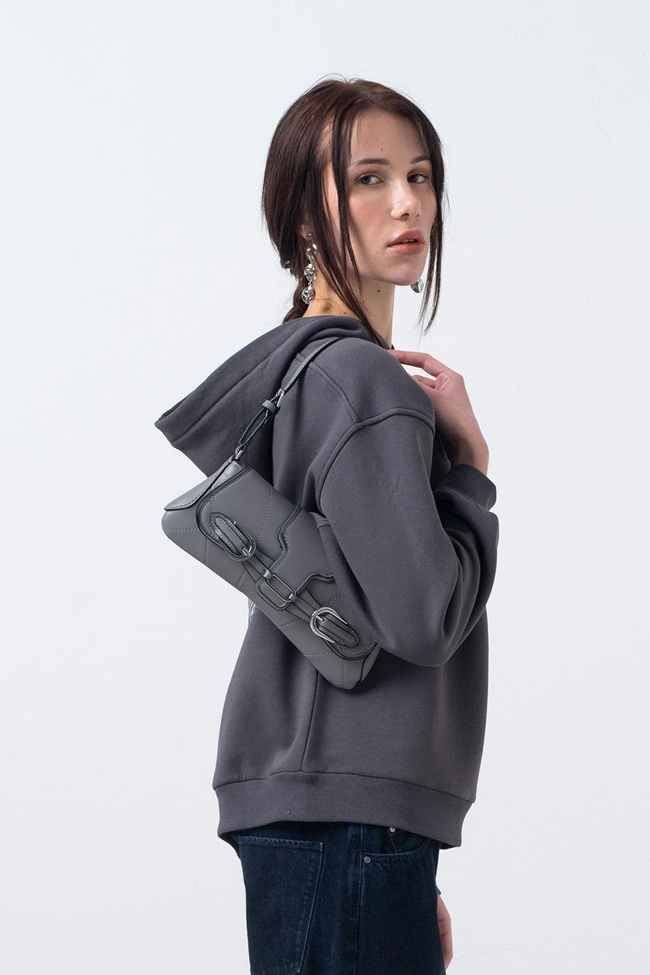 Kadın Antrasit Oversize Sırt Baskılı Hoodie