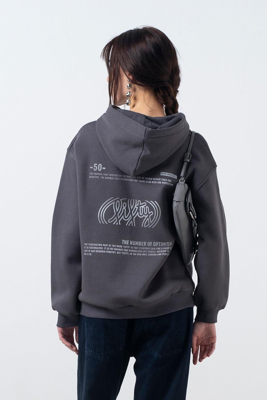 Kadın Antrasit Oversize Sırt Baskılı Hoodie