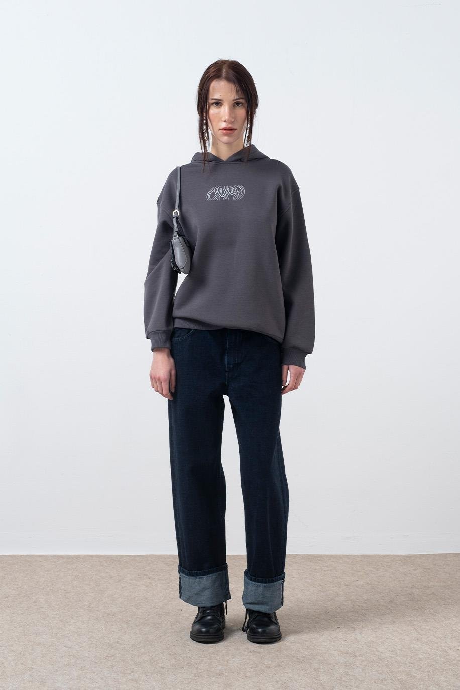 Kadın Antrasit Oversize Sırt Baskılı Hoodie