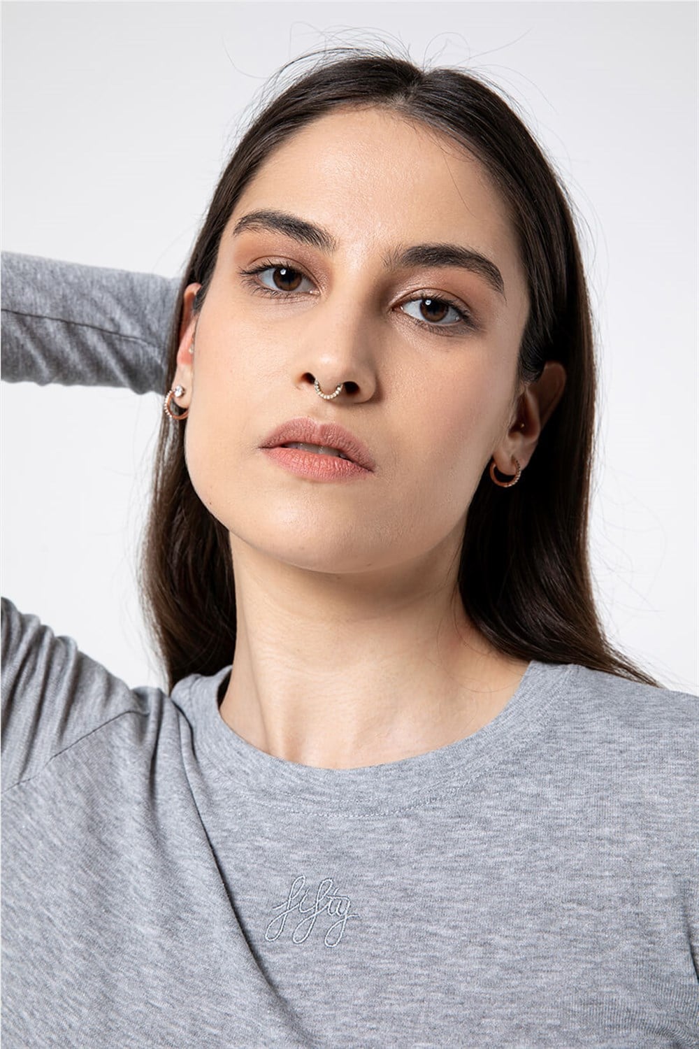 Kadın Gri Melanj Basic 0 Yaka Uzun Kollu T-Shirt
