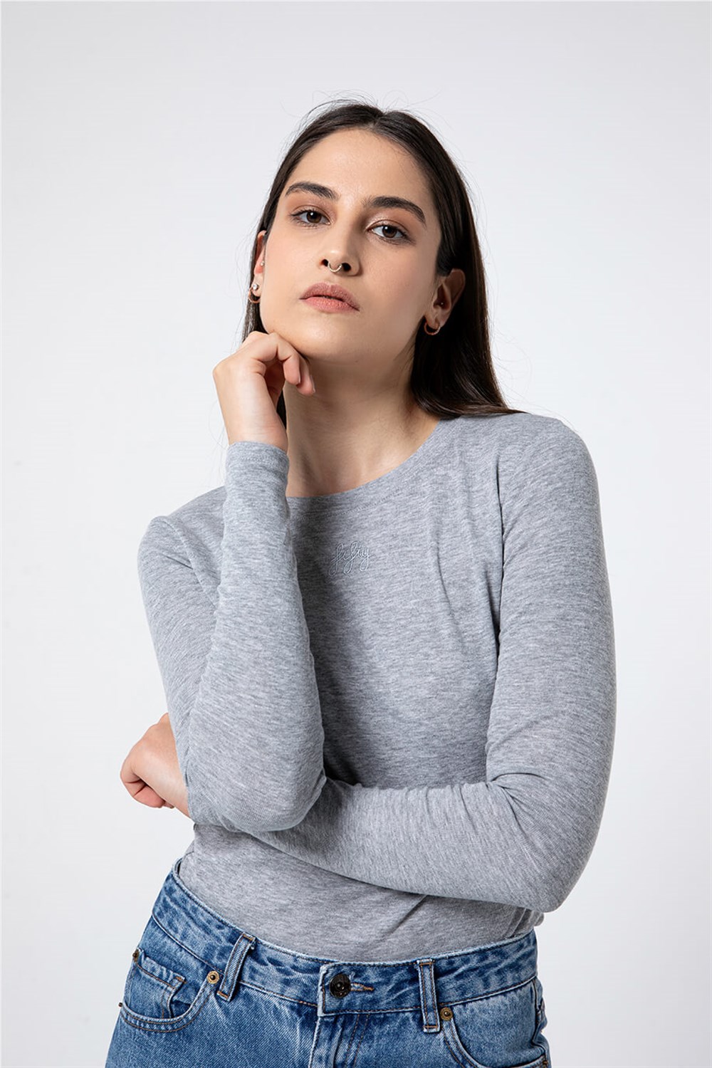 Kadın Gri Melanj Basic 0 Yaka Uzun Kollu T-Shirt
