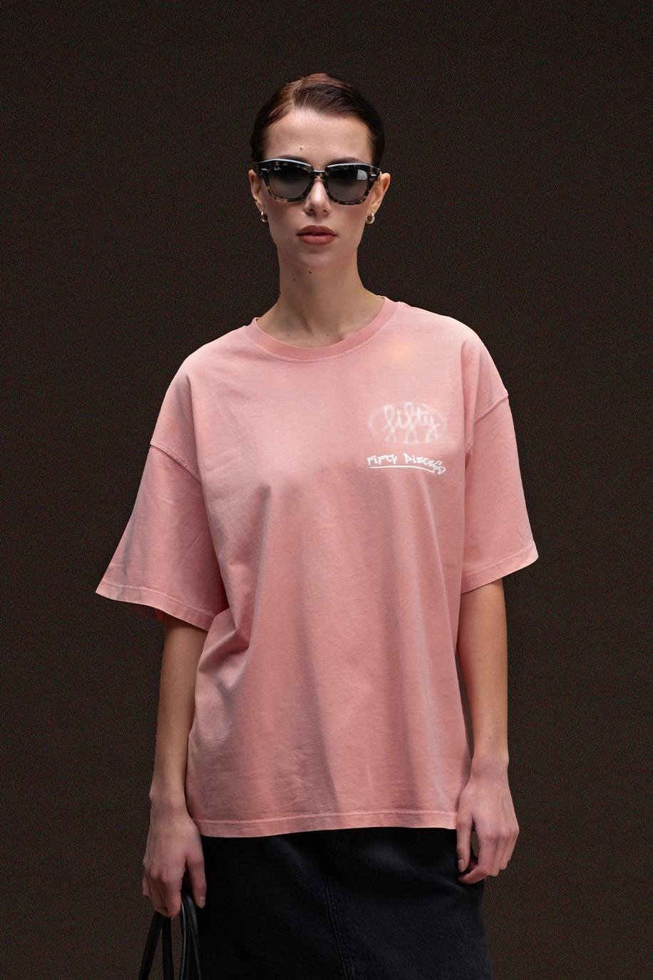 Kadın Gül Kurusu Oversize Asit Yıkamalı T-Shirt